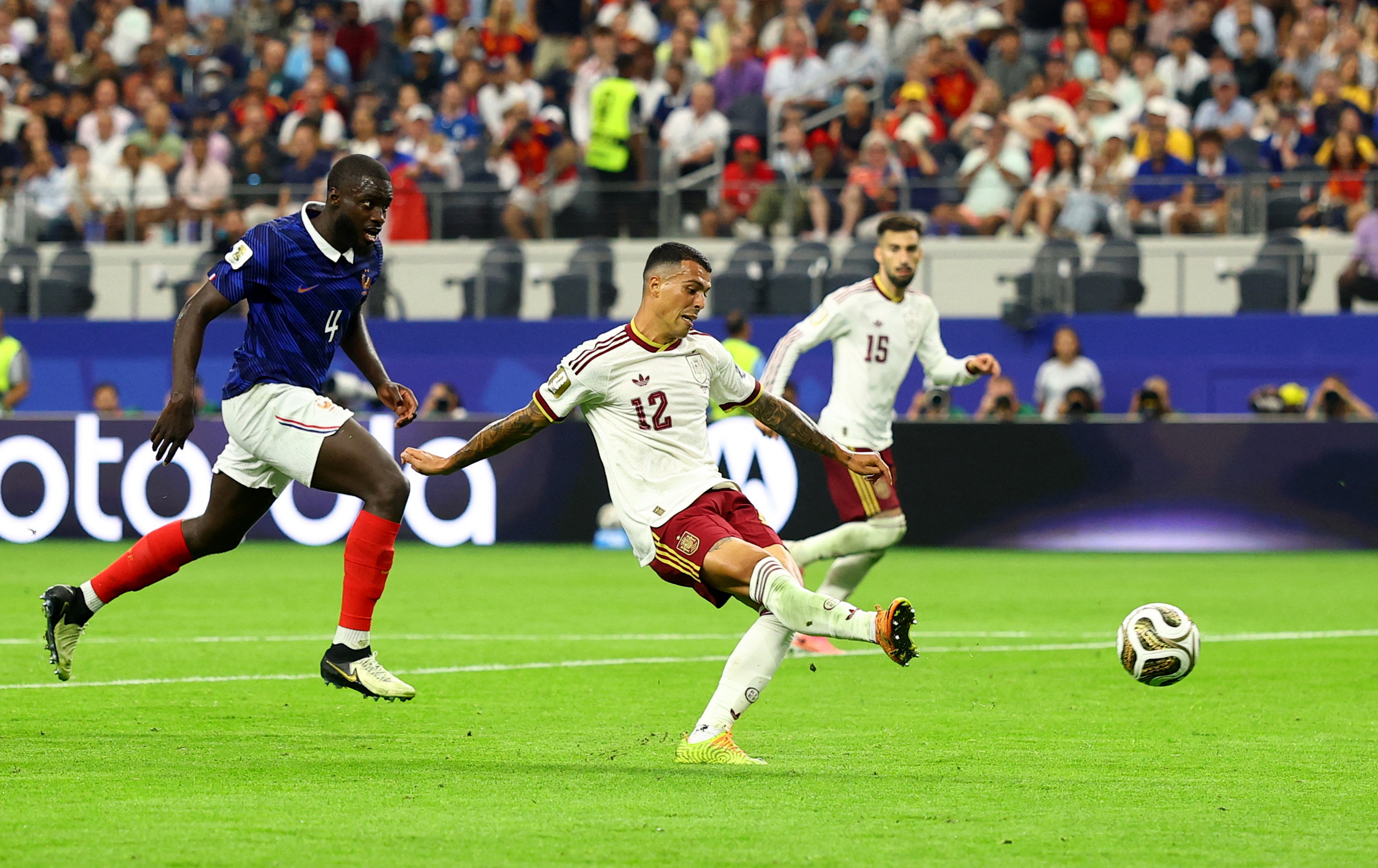 Soccer Football - FIFA World Cup 2026 - Semi Final - France v Spain - Dallas Stadium, Arlington, Texas, U.S. - July 14, 2026 Spain's Pedro Porro scores their second goal REUTERS/Hannah Mckay