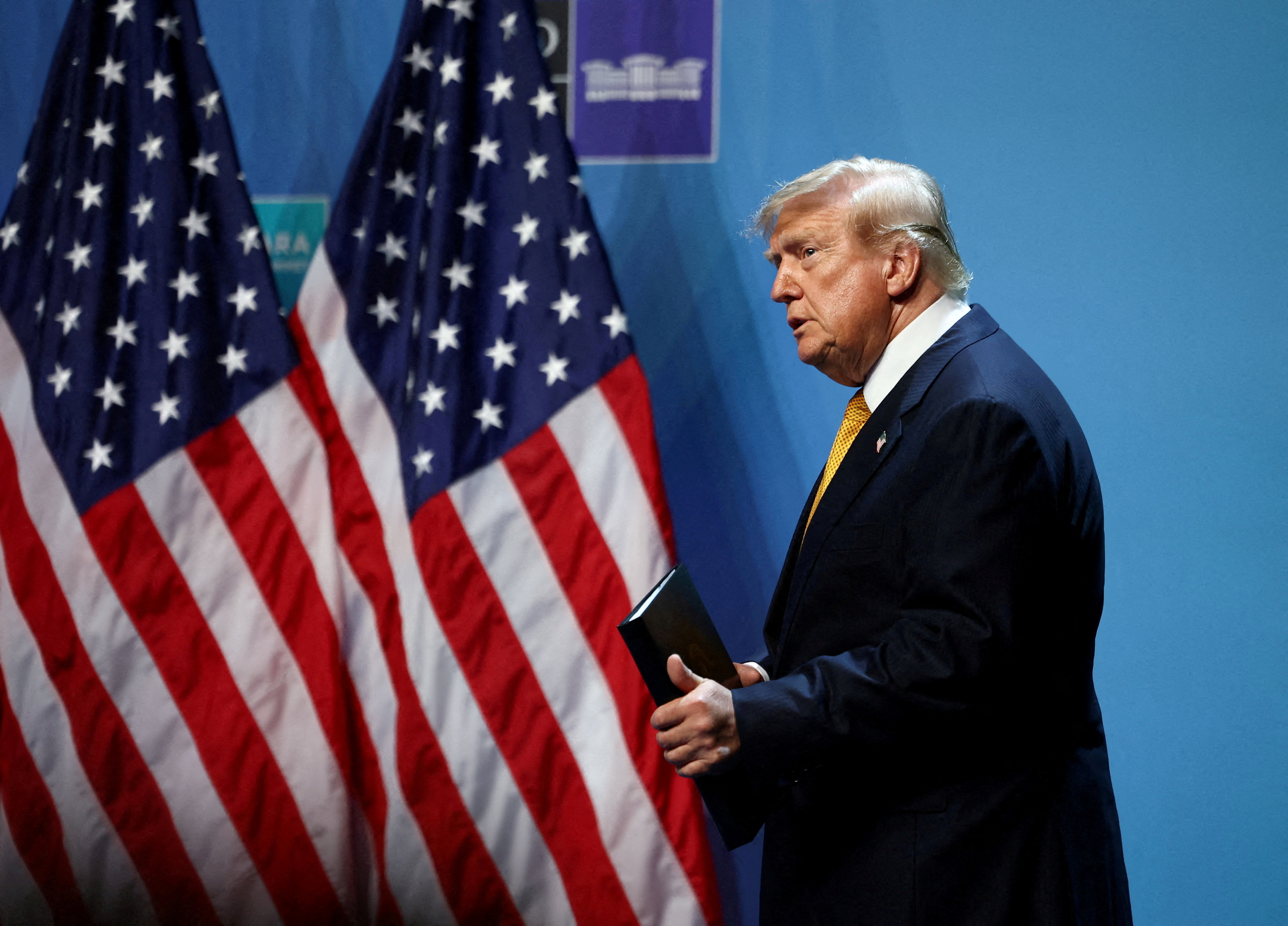 FILE PHOTO: U.S. President Donald Trump arrives to speak to the media on the day of a NATO leaders' summit in Ankara, Turkey, July 8, 2026. REUTERS/Stoyan Nenov/File Photo