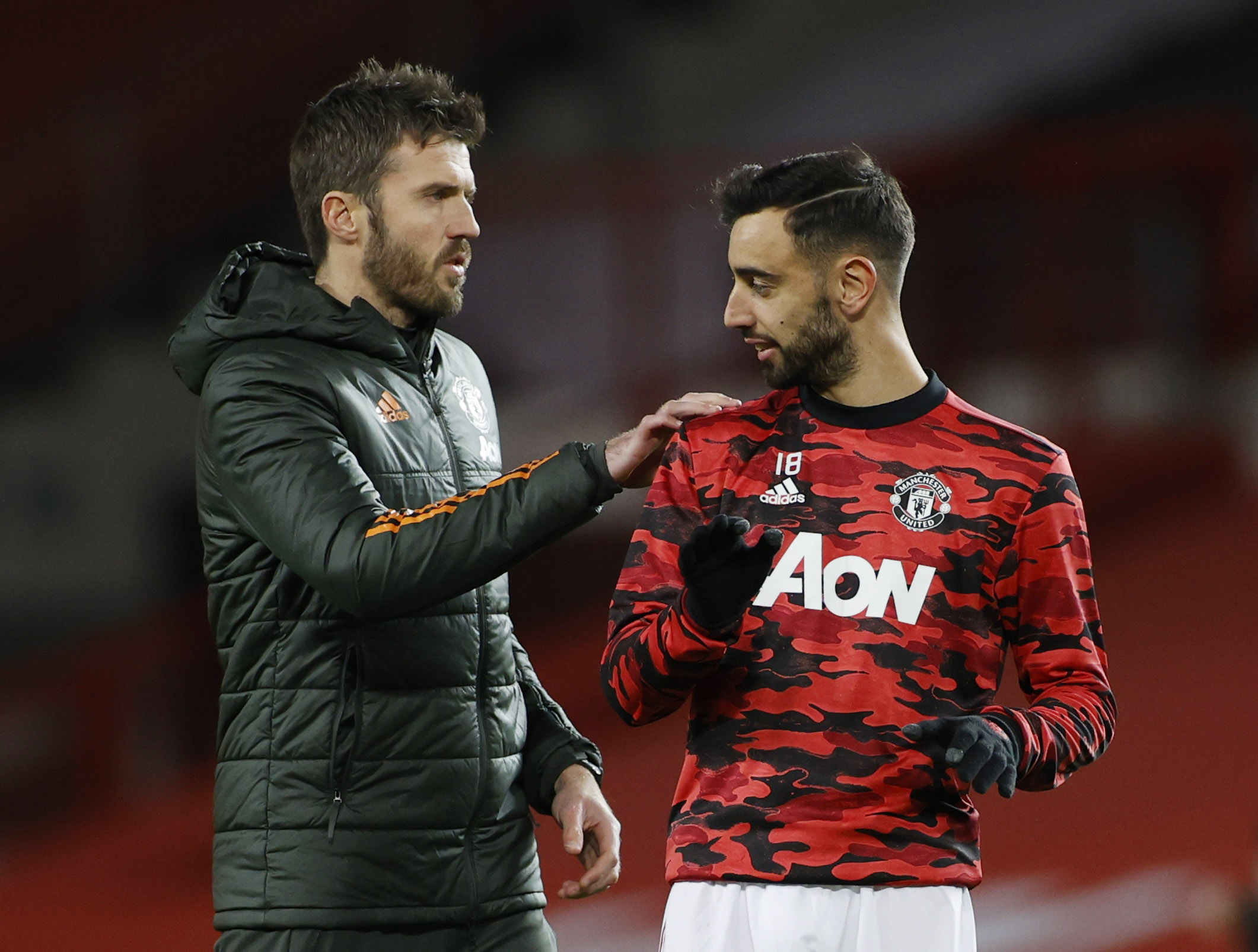 Manchester United’s Bruno Fernandes, right, previously worked with Michael Carrick when he was the club’s assistant manager in 2020