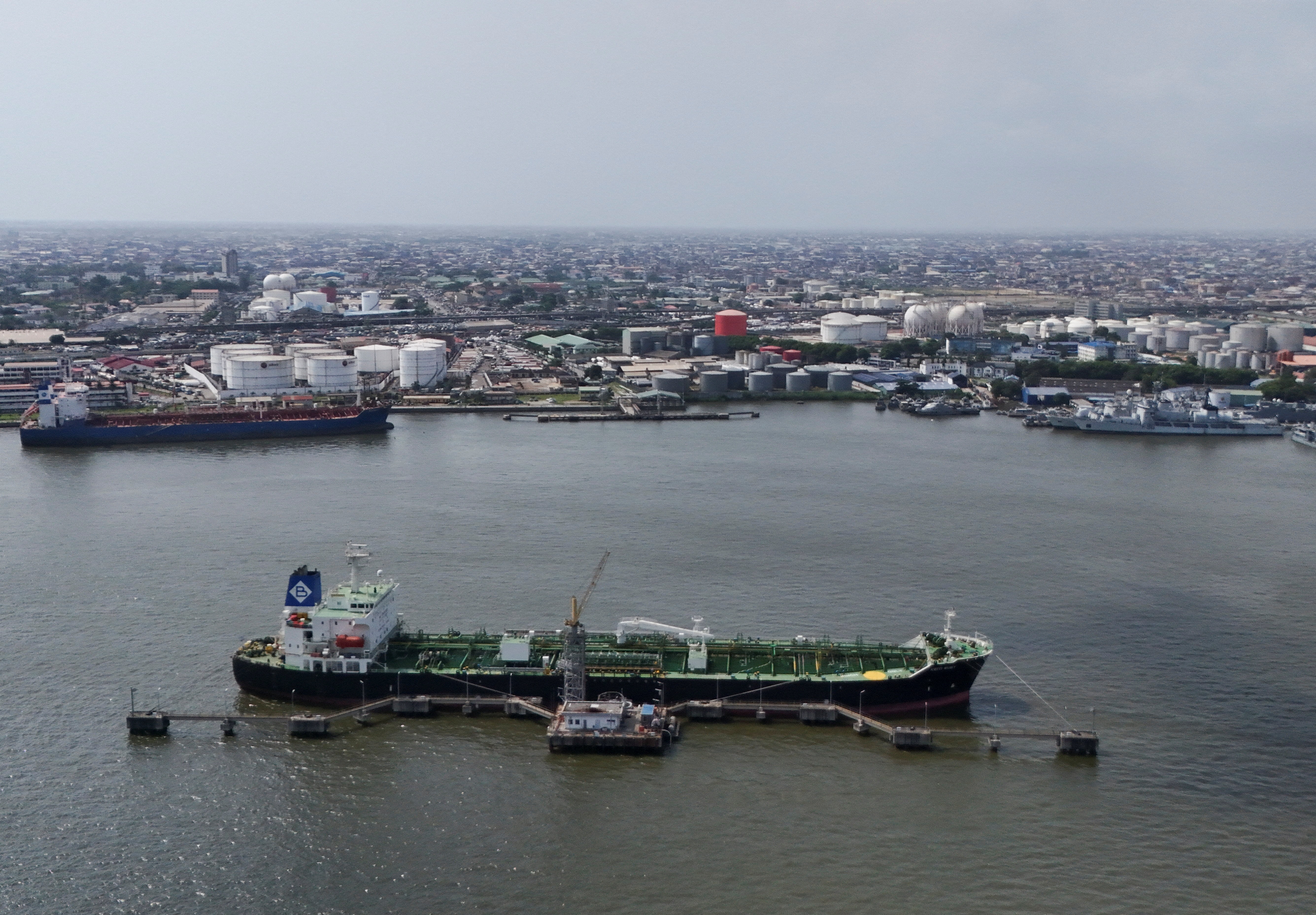 A drone view of an oil tanker ship anchored on Lagos Lagoon in Lagos, Nigeria, December 2, 2025. REUTERS/Sodiq Adelakun
