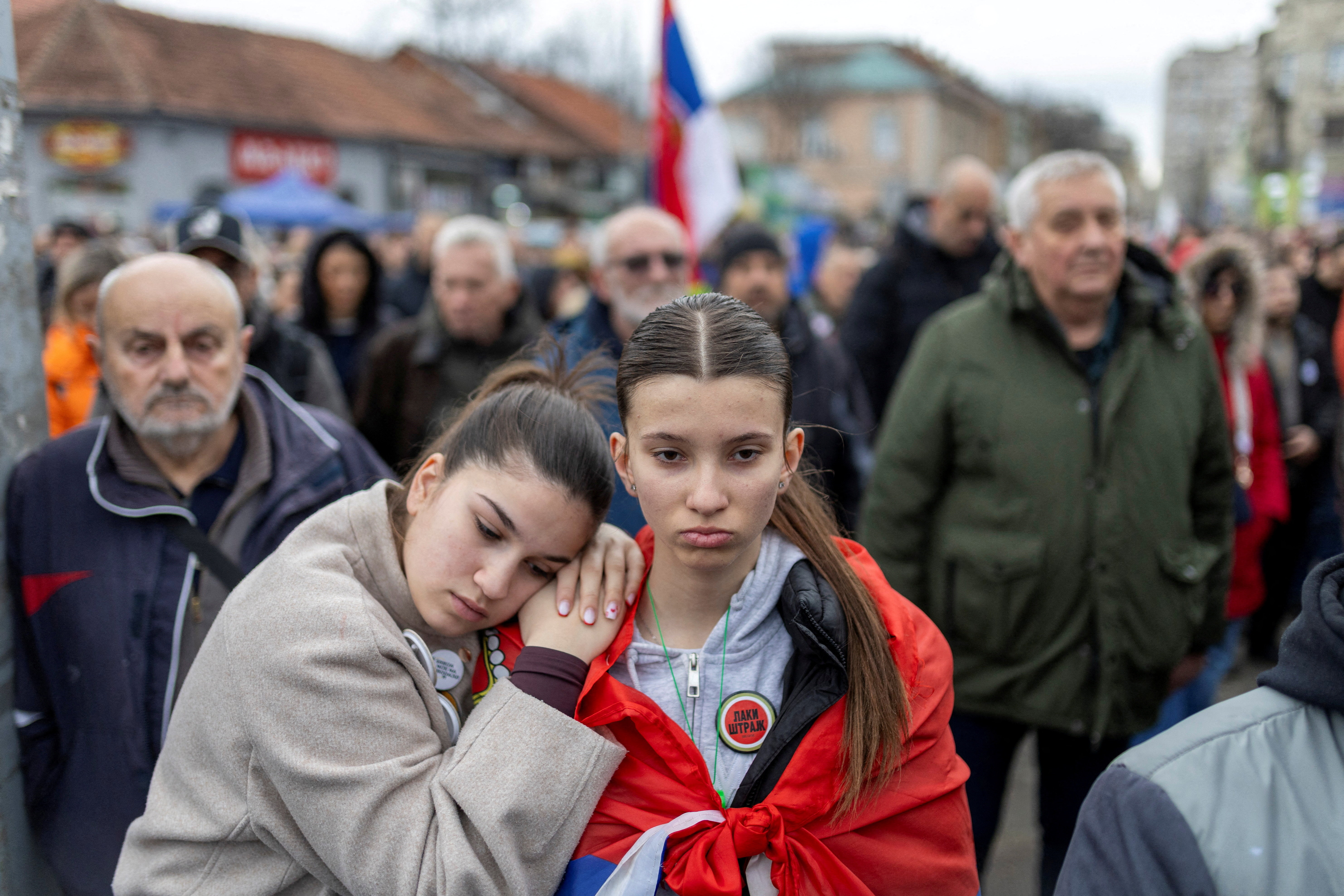 Demonstrators hold fifteen minutes of silence for the victims of the deadly November 2024 Novi Sad railway station roof collapse, during an anti-government protest staged by Serbian students to commemorate a mass rally held last year, in Kragujevac, Serbia, February 15, 2026. REUTERS/Djordje Kojadinovic TPX IMAGES OF THE DAY