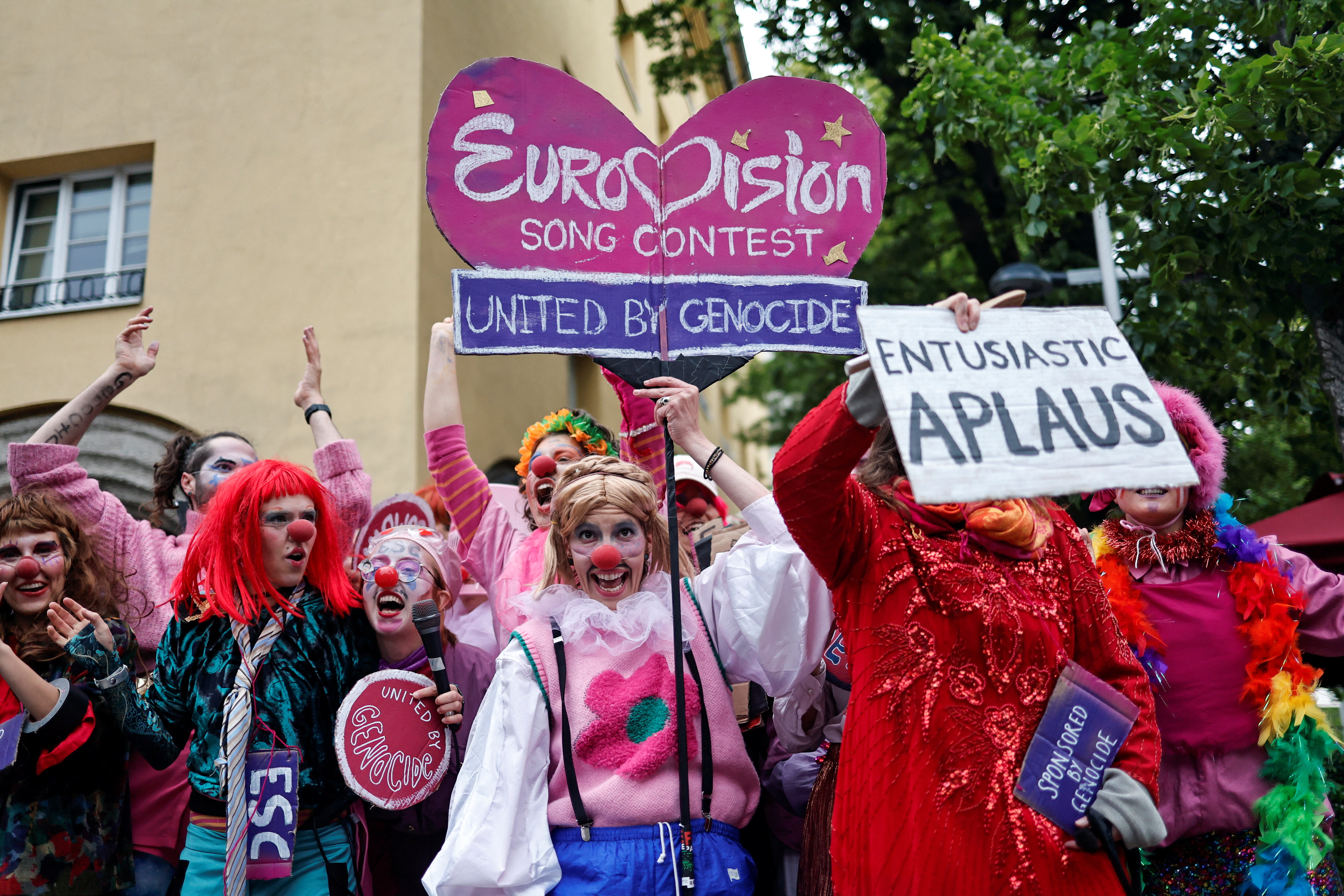 People protest against Eurovision and Israel's participation ahead of the Grand Final of the 2026 Eurovision Song Contest in Vienna, Austria, on May 16, 2026. [Lisa Leutner/Reuters]