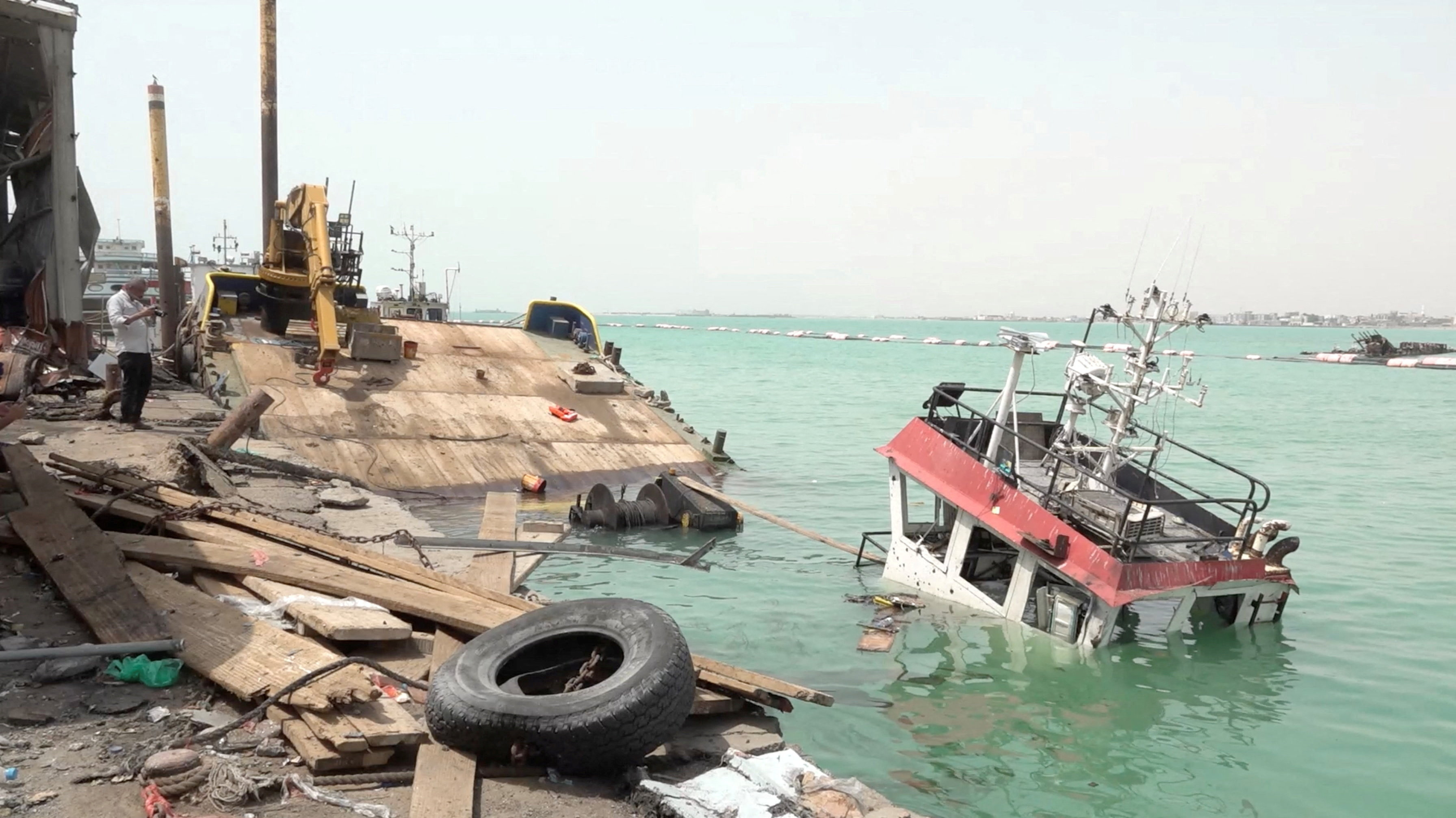 Damage in the aftermath of Houthi strikes on the Red Sea port city of Mocha, Yemen