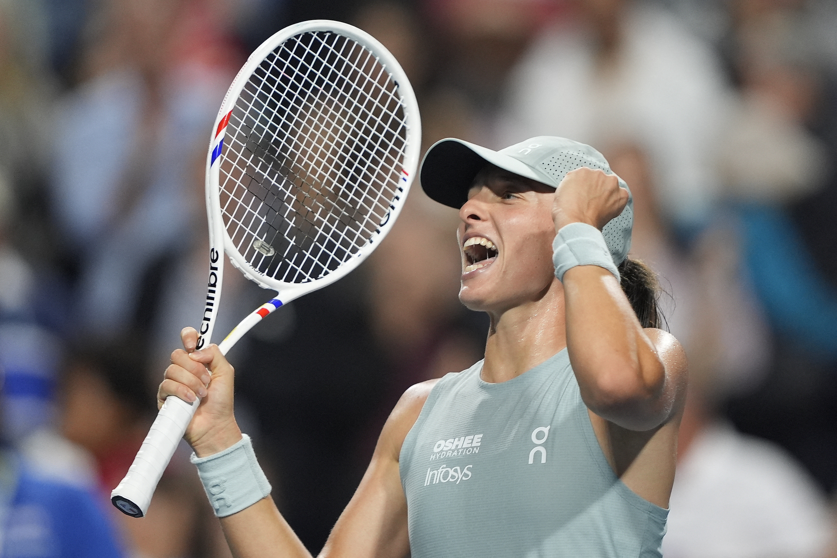 Iga Swiatek (POL) reacts after defeating Elina Svitolina (not pictured) in their semi final match at the National Bank Open at Sobeys Stadium