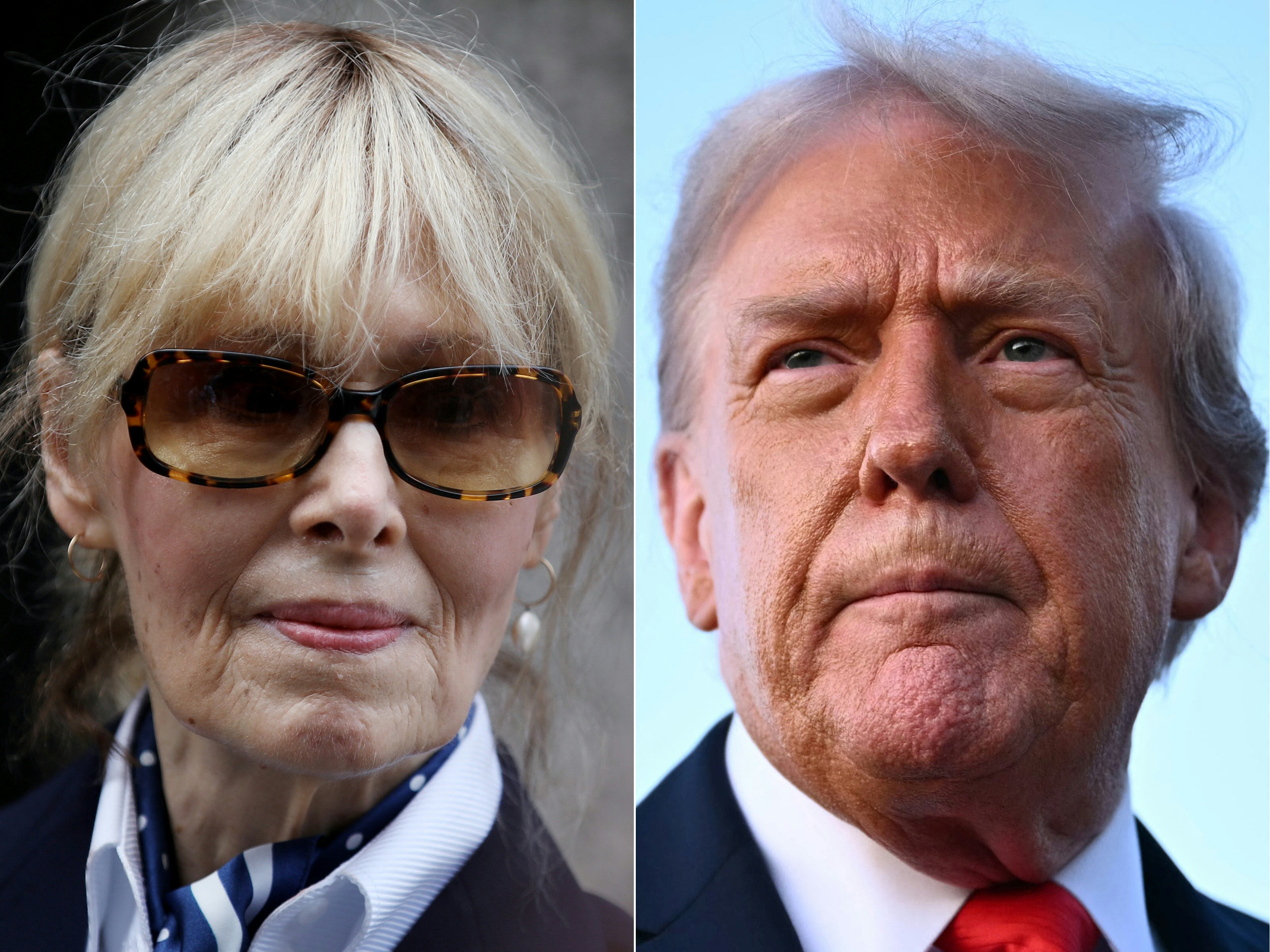 (FILES) This combination of pictures created on September 08, 2025 shows, L/R, E. Jean Carroll departing Manhattan federal appeals court following arguments in a judgement appeal brought by former US President Donald Trump, in New York City, September 6, 2024 and US President Donald Trump at Joint Base Andrews in Maryland on September 7, 2025. The US Supreme Court on August 17, 2026, rejected for a second time President Donald Trump's attempt to overturn a jury judgment that he sexually assaulted and defamed writer E Jean Carroll. The Supreme Court did not give any reason for its decision not to hear the president's challenge. The court in late June also refused to hear Trump's appeal against the original May 2023 verdict. Carroll, 82, a former journalist and columnist, accused Trump of assaulting her in a dressing room of a New York department store in 1996. (Photo by Leonardo Munoz and Mandel NGAN / AFP)