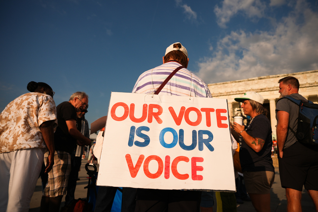 A protester with a sign reading 'our vote is our voice'
