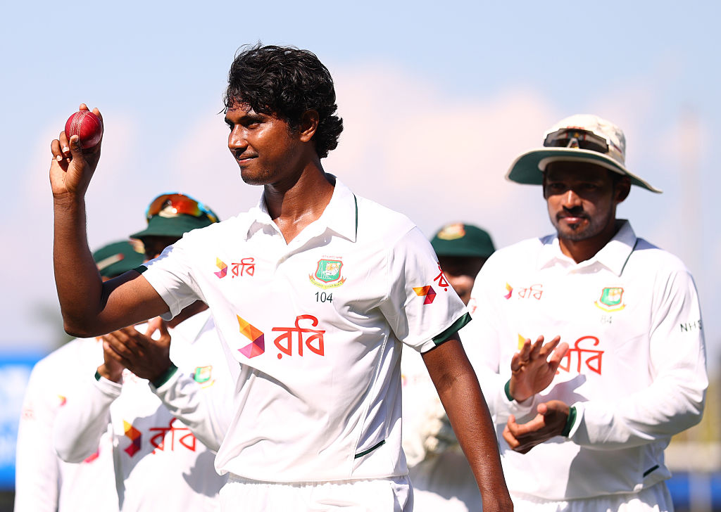 Hasan Mahmud of Bangladesh celebrates.