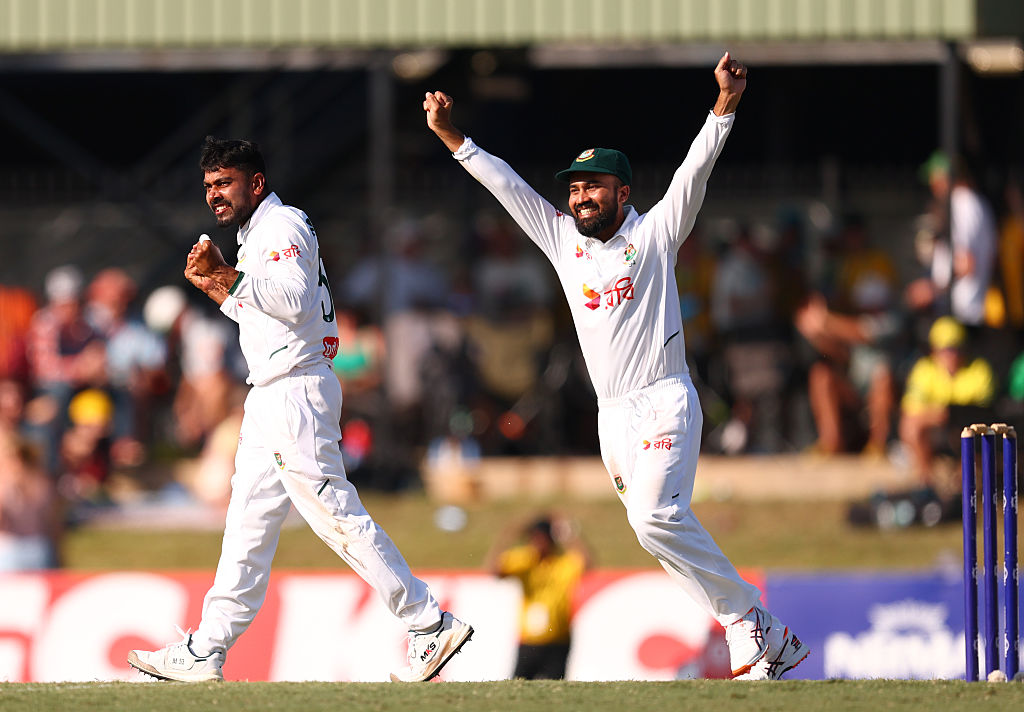Mehidy Hasan Miraz of Bangladesh celebrates after taking the wicket of Steve Smith of Australia during day three of the first Test match in the series in Australia