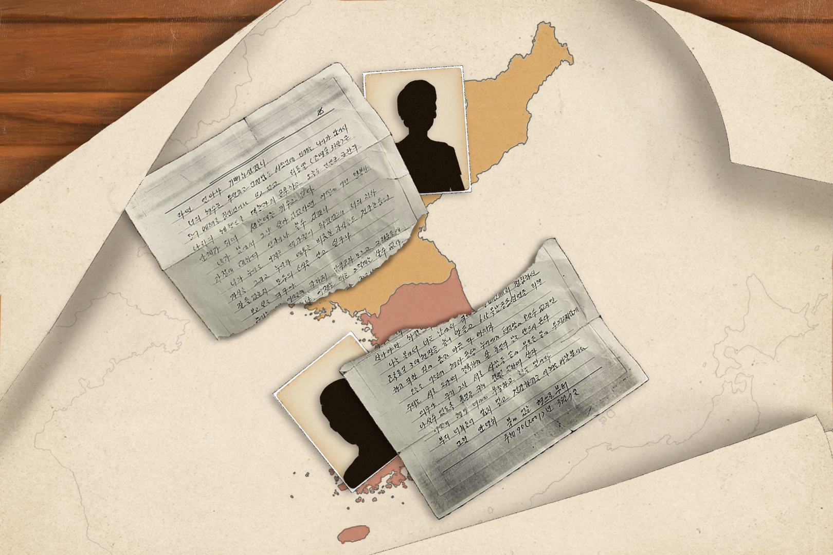 An illustration of a North and South Korea in the background with a family letter torn in half and divided family members in the foreground [Jawahir Al-Naimi/Al Jazeera]