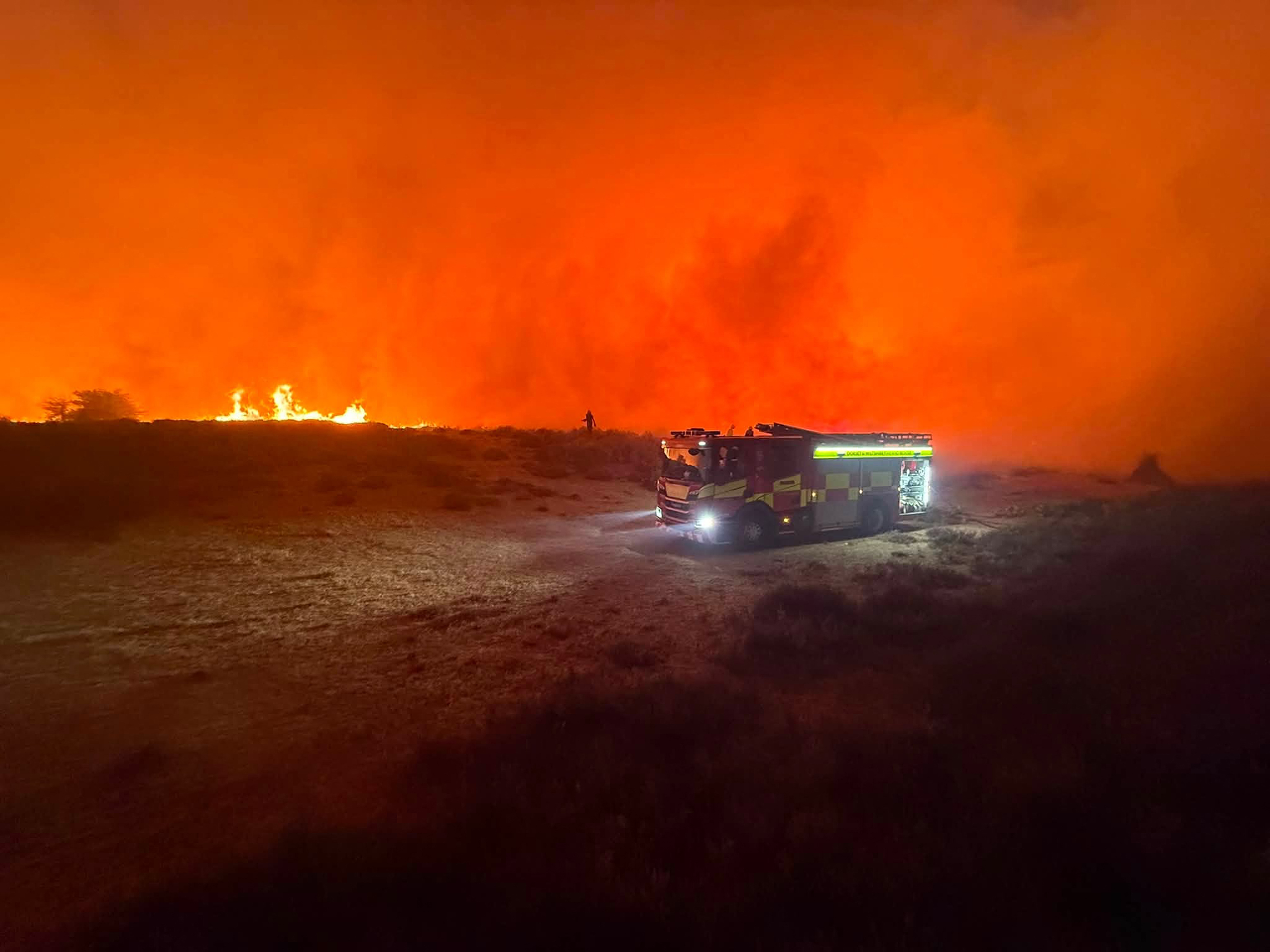 TOPSHOT - A handout photo released by Dorset & Wiltshire Fire and Rescue Service, and received on August 12, 2026, shows fire crew from Verwood Fire Station at the site of a wildfire that began on August 9, in the New Forest near Ringwood, southern England. (Photo by Dorset & Wiltshire Fire and Rescue Service / AFP) / RESTRICTED TO EDITORIAL USE - MANDATORY CREDIT "AFP PHOTO / DORSET & WILTSHIRE FIRE AND RESCUE SERVICE / HANDOUT " - NO MARKETING NO ADVERTISING CAMPAIGNS - DISTRIBUTED AS A SERVICE TO CLIENTS
