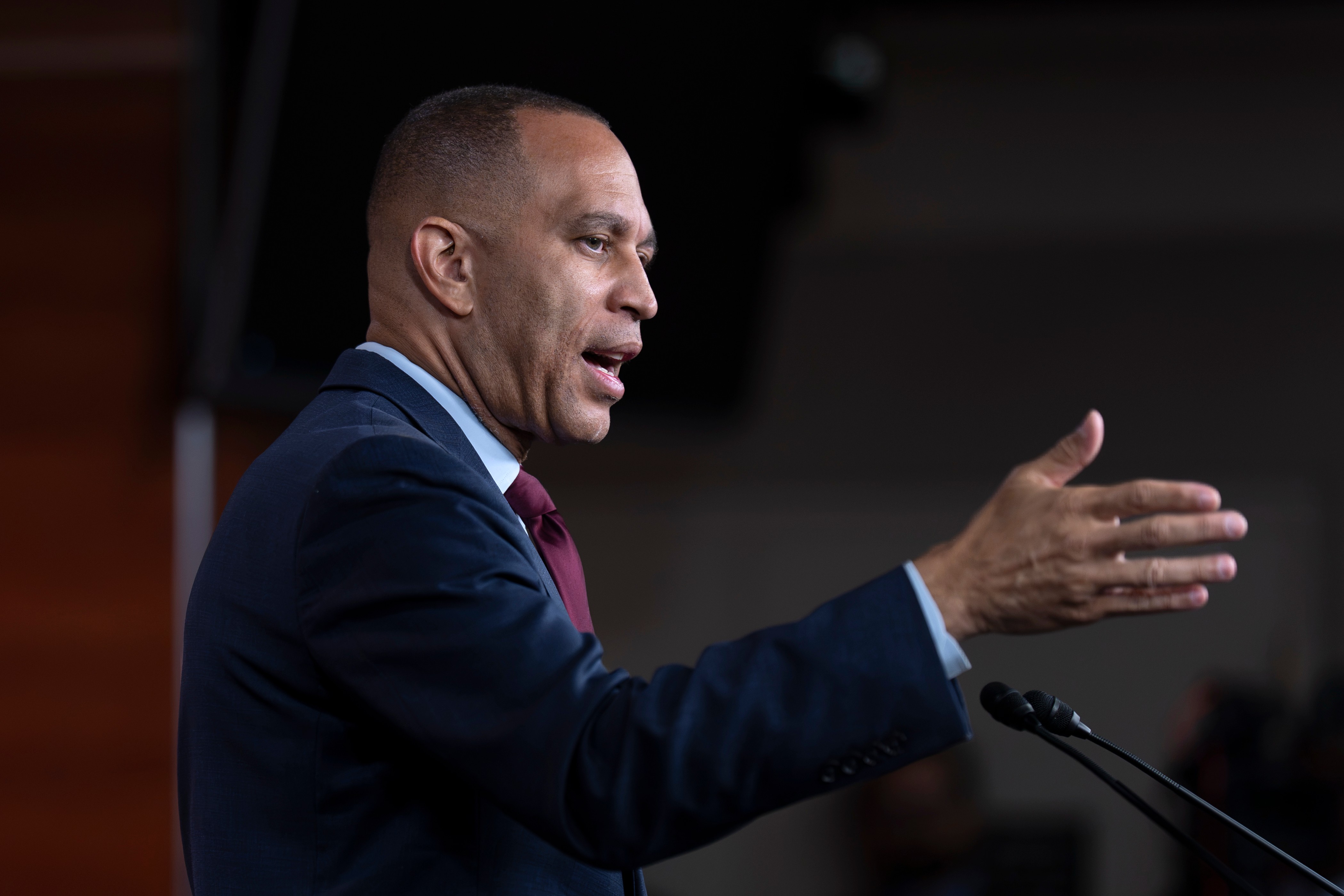 House Minority Leader Hakeem Jeffries, D-N.Y. speaks to reporters after the House narrowly passed a resolution to halt U.S. military action in Iran, at the Capitol in Washington, Thursday, July 23, 2026. (AP Photo/J. Scott Applewhite)