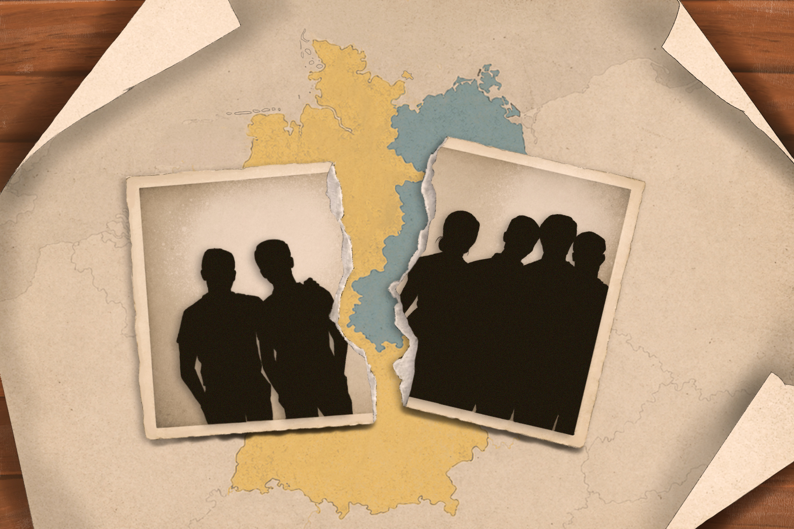 An illustration depicting a split family photo, with a map of West and East Germany in the background [Jawahir Al-Naimi/Al Jazeera]