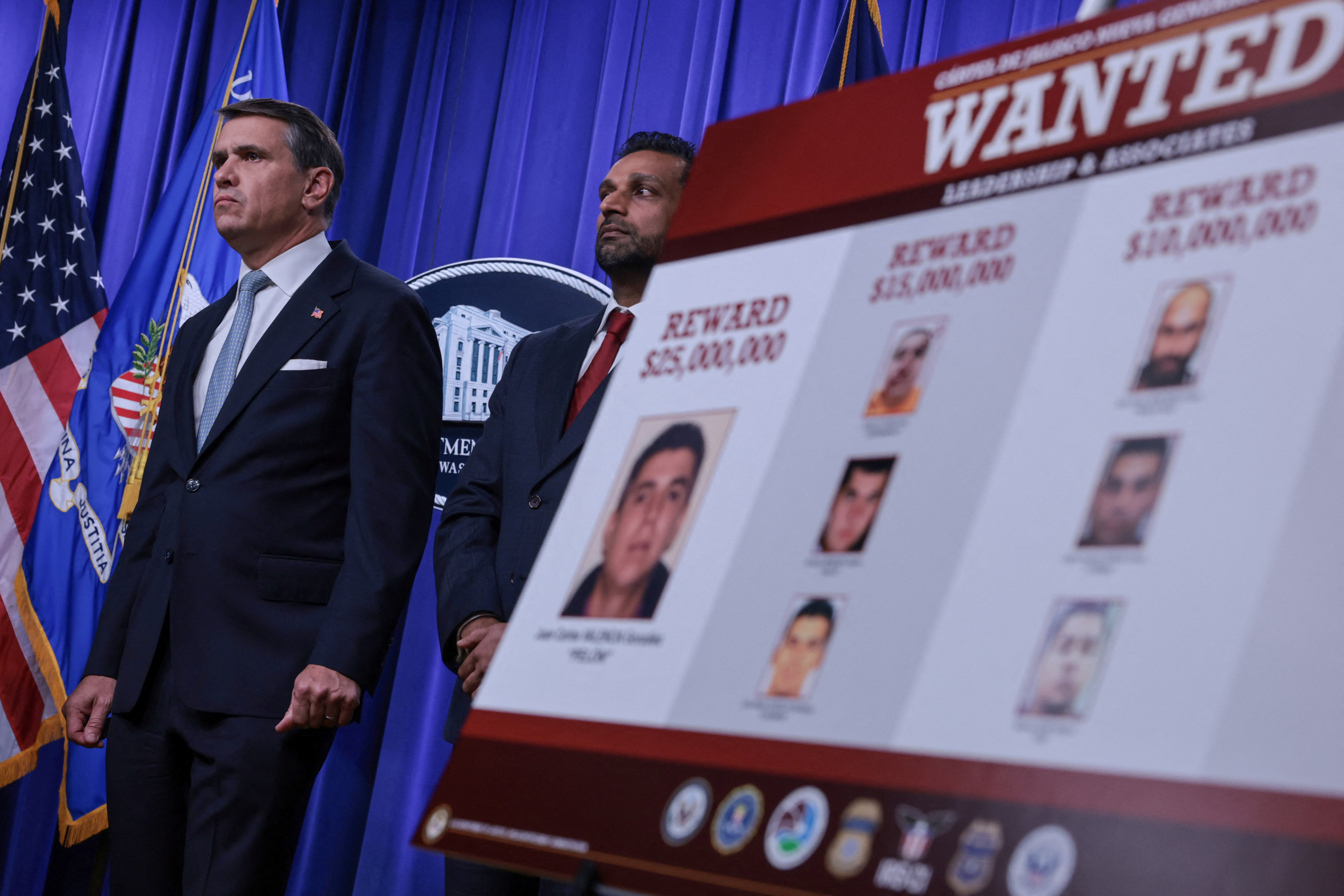Acting US Attorney General Todd Blanche and FBI Director Kash Patel participate in a press conference to announce new Trump administration actions against the Jalisco New Generation Cartel (CJNG), at the Justice Department in Washington, D.C., U.S., August 5, 2026. REUTERS/Jonathan Ernst