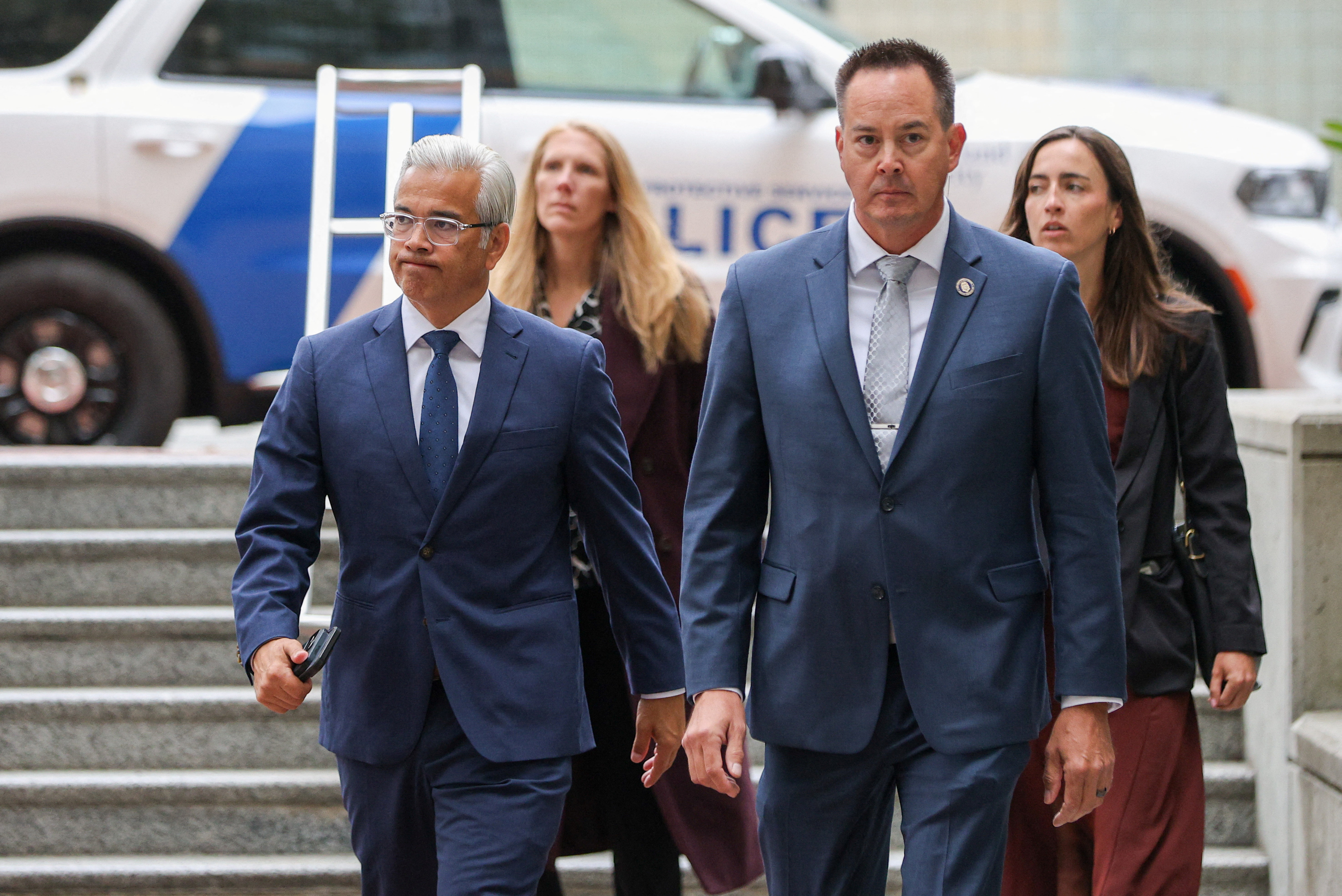 California Attorney General Rob Bonta arrives before opening statements as Meta faces a landmark trial in federal court over claims from 29 states that the company illegally collected and used children's data in violation of federal law, allegedly designed its social media platforms to keep young users hooked and misled consumers about their safety, in Oakland, California, U.S., August 18, 2026. REUTERS/Manuel Orbegozo