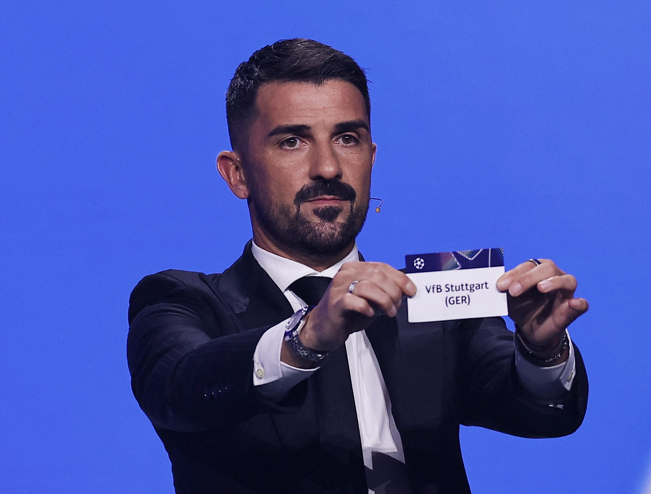Soccer Football - UEFA Champions League - League Phase Draw - Grimaldi Forum, Monaco - August 27, 2026 Former footballer David Villa draws VfB Stuttgart REUTERS/Manon Cruz