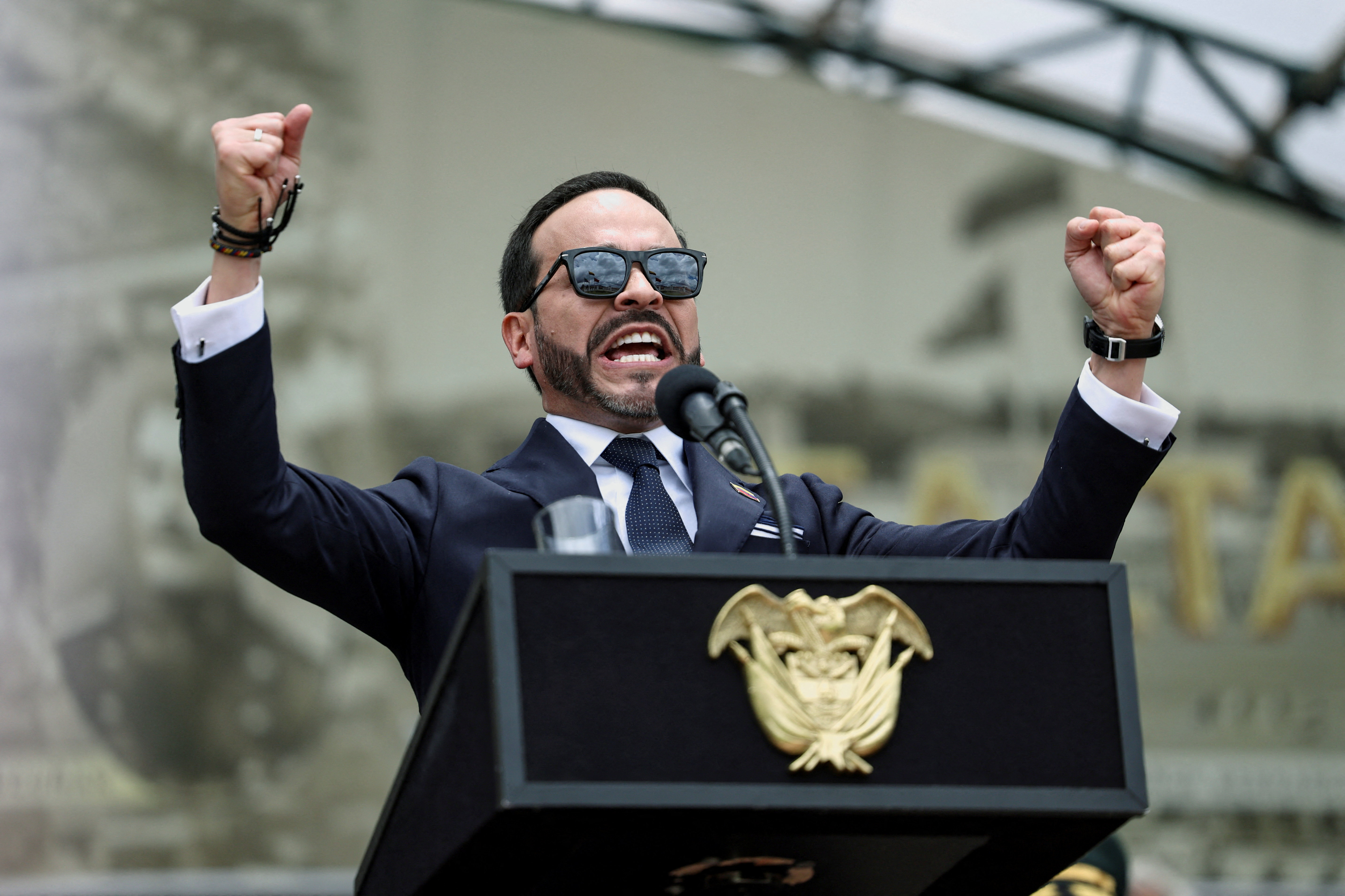 Colombia’s President Abelardo De La Espriella gestures as he delivers a speech during a ceremony to appoint the new military leadership, in Bogota, Colombia, August 26, 2026. REUTERS/Luisa Gonzalez