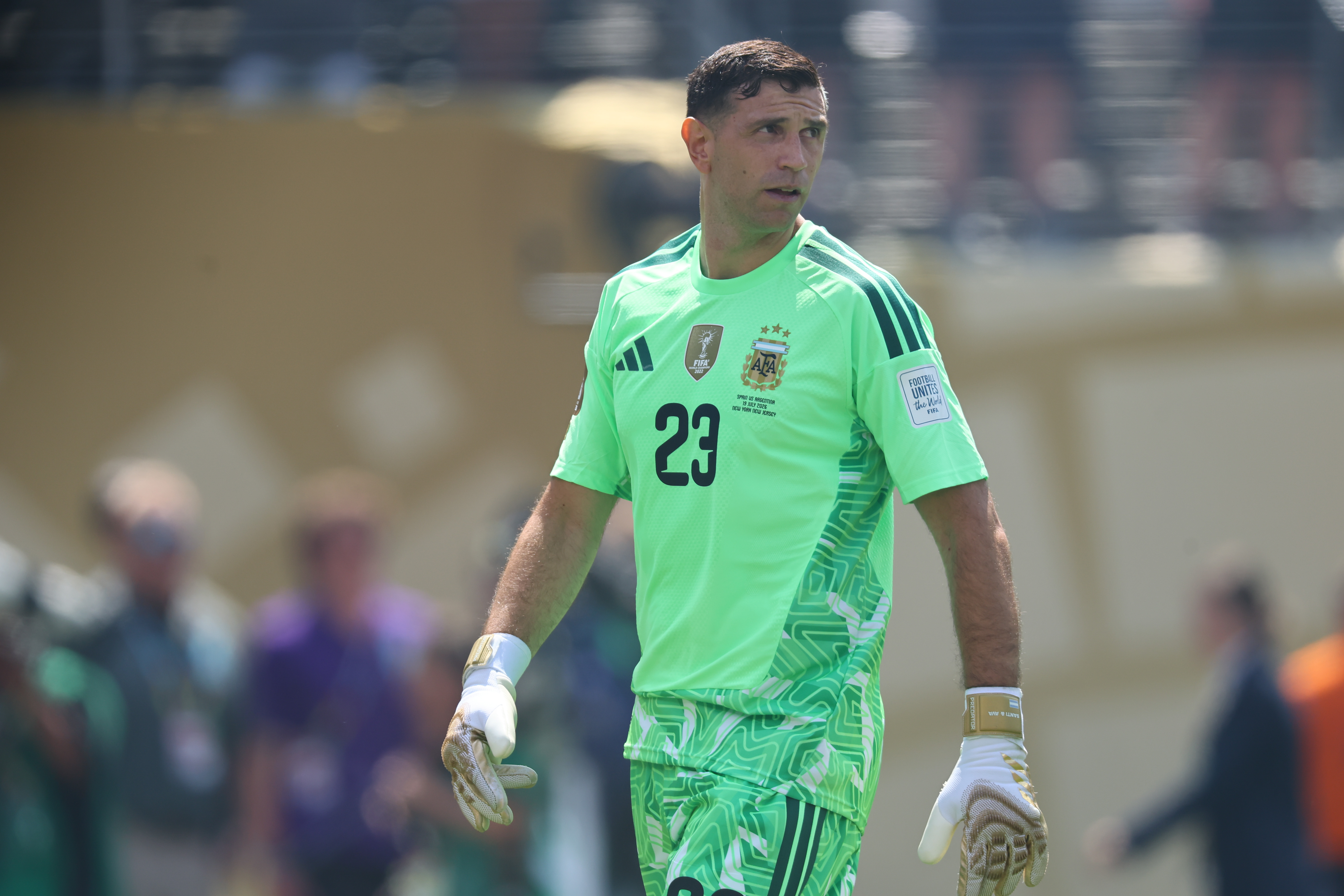 Jul 19, 2026; East Rutherford, New Jersey, USA; Argentina goalkeeper Emiliano Martinez (23) during the 2026 FIFA World Cup Final against Spain at New York New Jersey Stadium. Mandatory Credit: Vincent Carchietta-Imagn Images