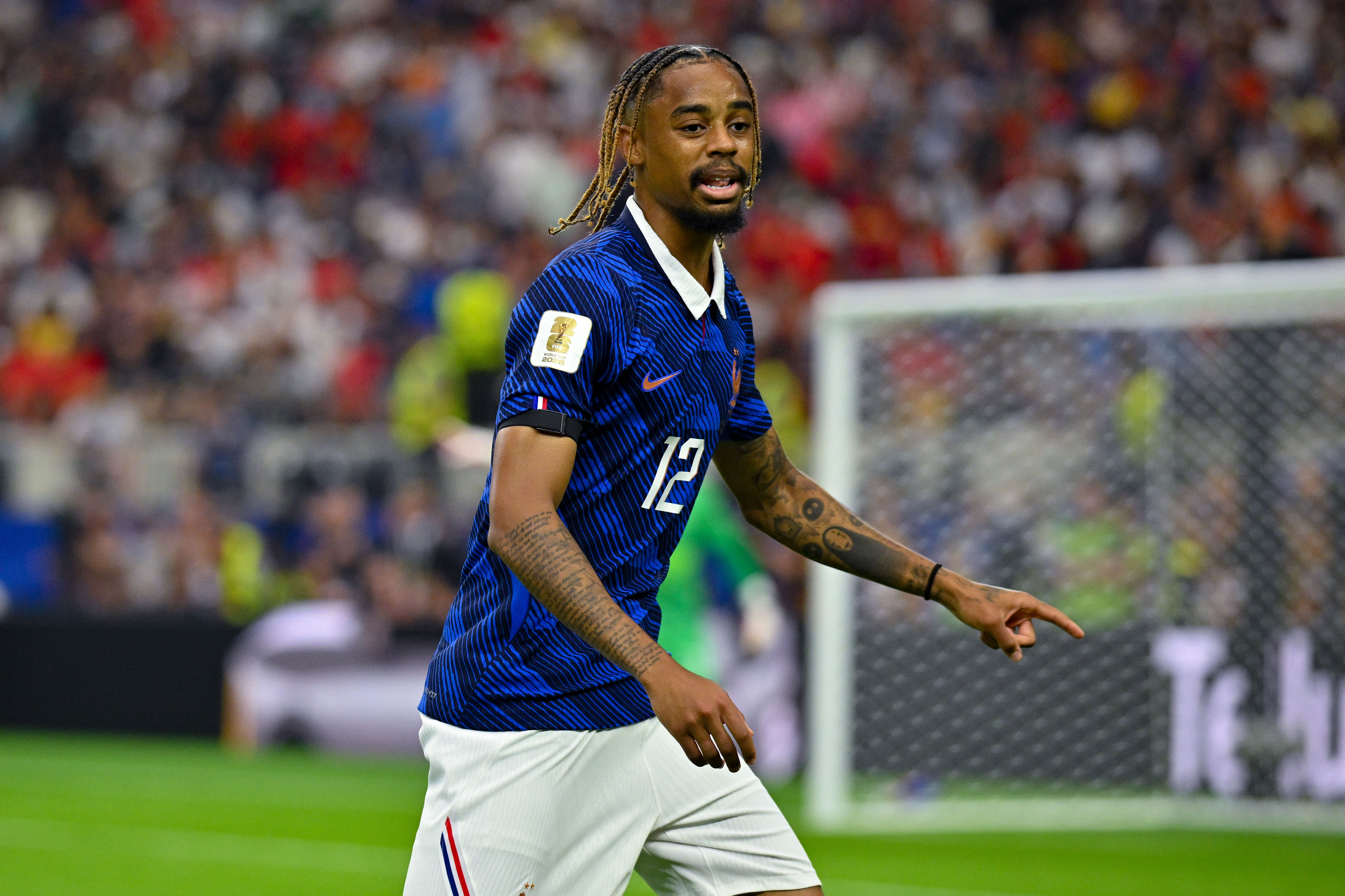 Jul 14, 2026; Arlington, Texas, USA; France forward Bradley Barcola (12) in action during a semifinal match between France and Spain in the 2026 FIFA World Cup at Dallas Stadium. Mandatory Credit: Jerome Miron-Imagn Images