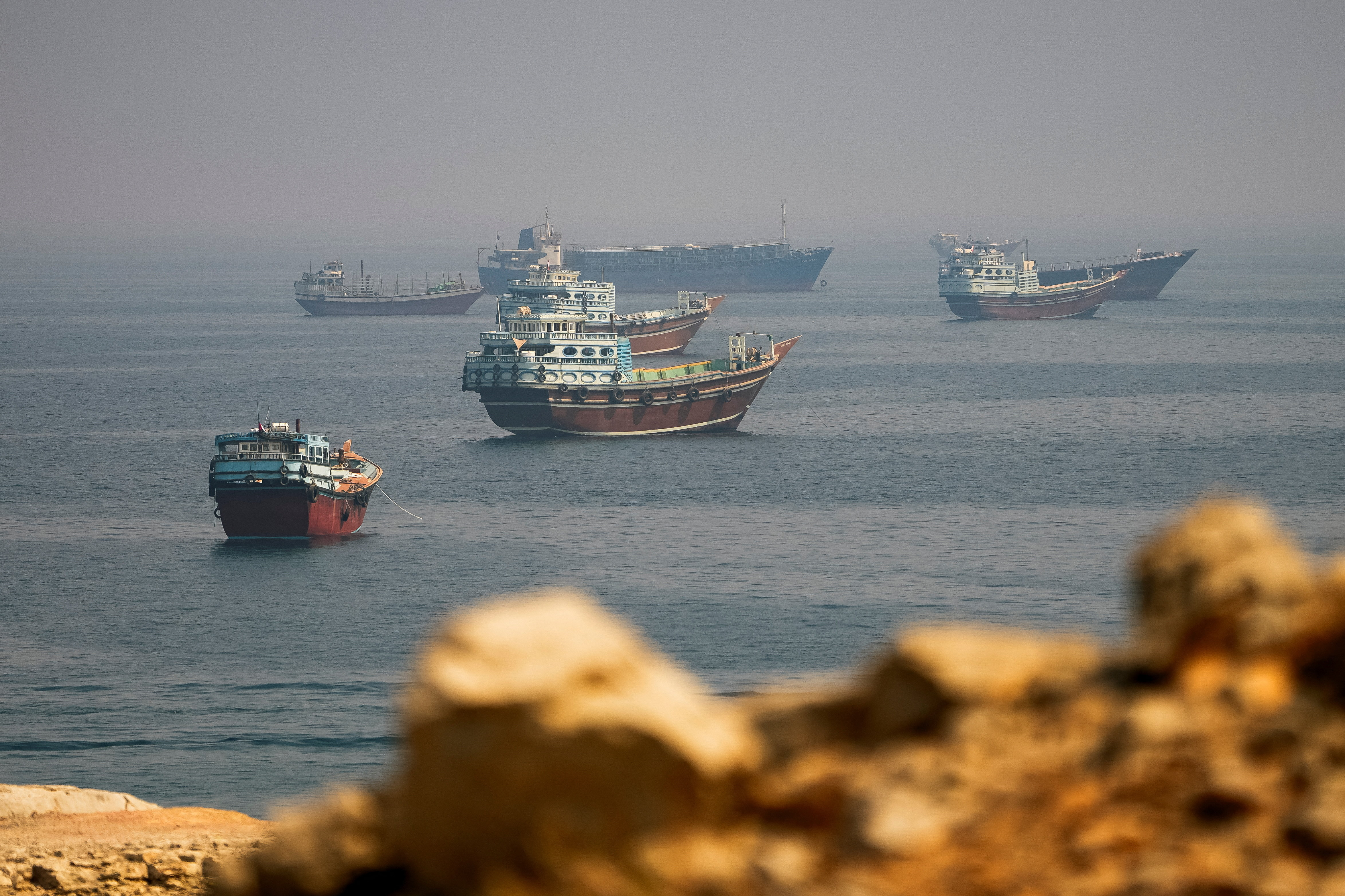 Vessels near the Strait of Hormuz, as seen from Musandam, Oman, August 31, 2026. REUTERS/Stringer