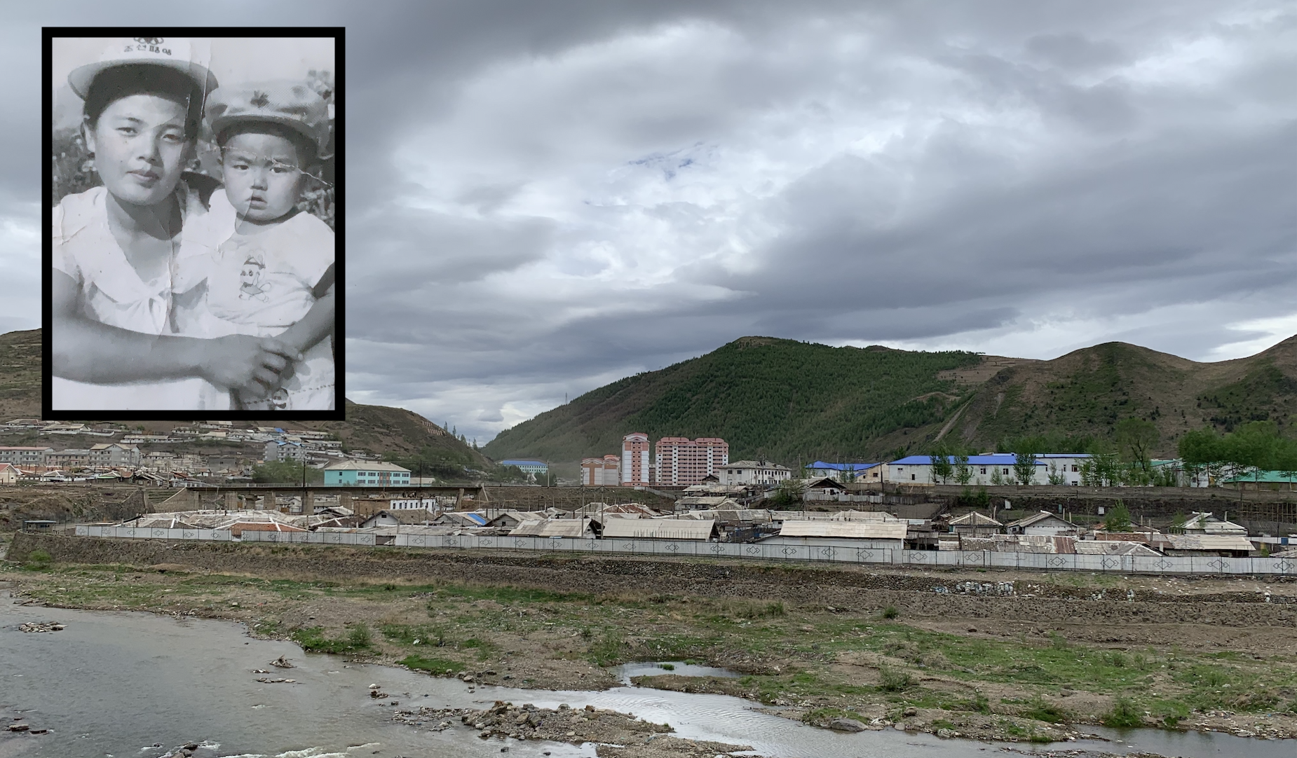 A landscape view of Hyesan, Kim Kang-woo’s hometown, taken from the Chinese side of the Yalu River in 2019. Inset is a photo of a young Kim Kang-woo with his mother [Kim Kang-woo]
