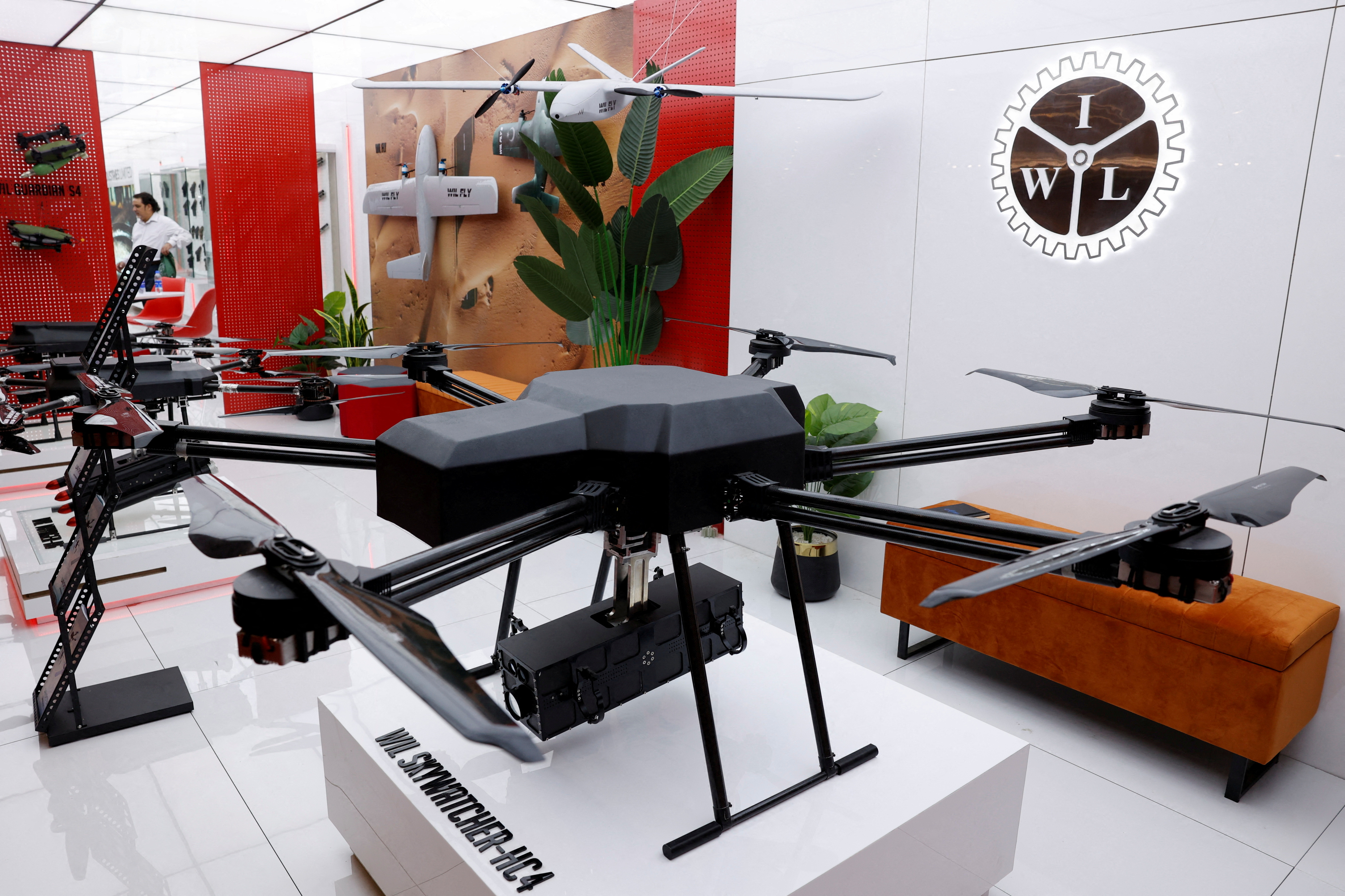 Drones are displayed during the International Defence Exhibition and Seminar (IDEAS 2024) in Karachi, Pakistan November 21, 2024. REUTERS/Akhtar Soomro