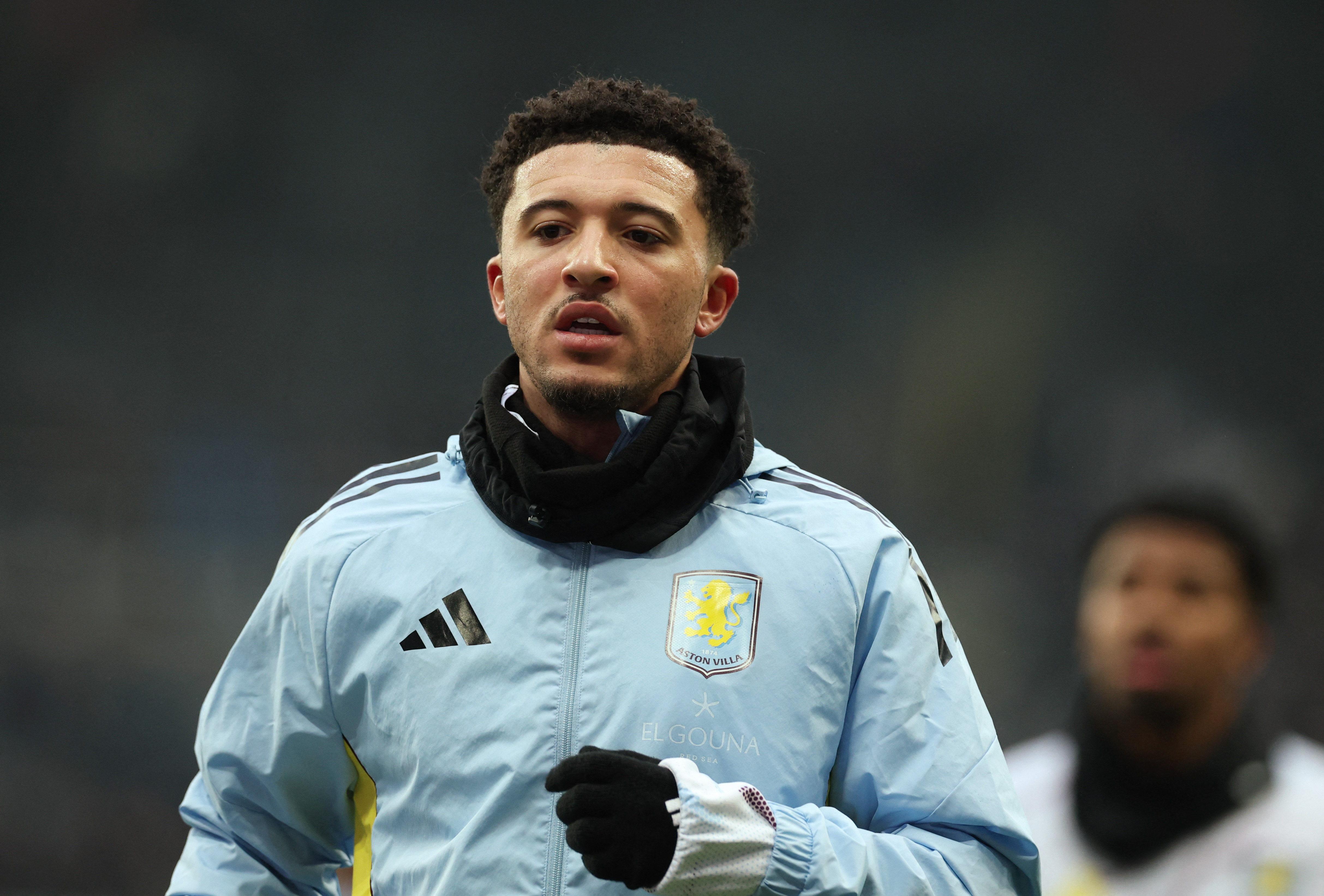 Aston Villa’s Jadon Sancho warming up for a Premier League match for Aston Villa in January