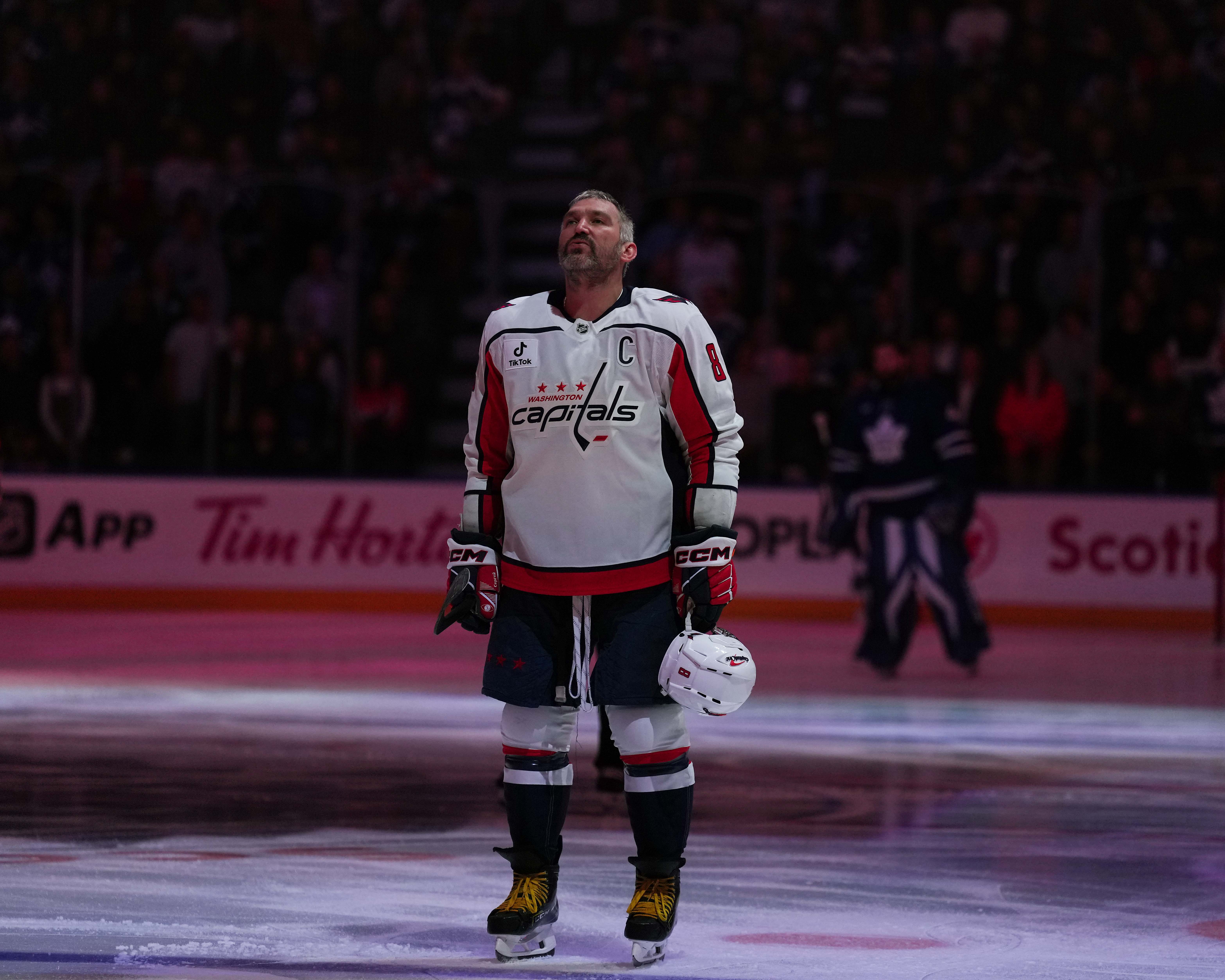 Washington Capitals star Alex Ovechkin stands for the national anthems before a game against the Toronto Maple Leafs at Scotiabank Arena in Toronto, Canada, on April 8, 2026 [File: Nick Turchiaro/Imagn Images/Reuters]