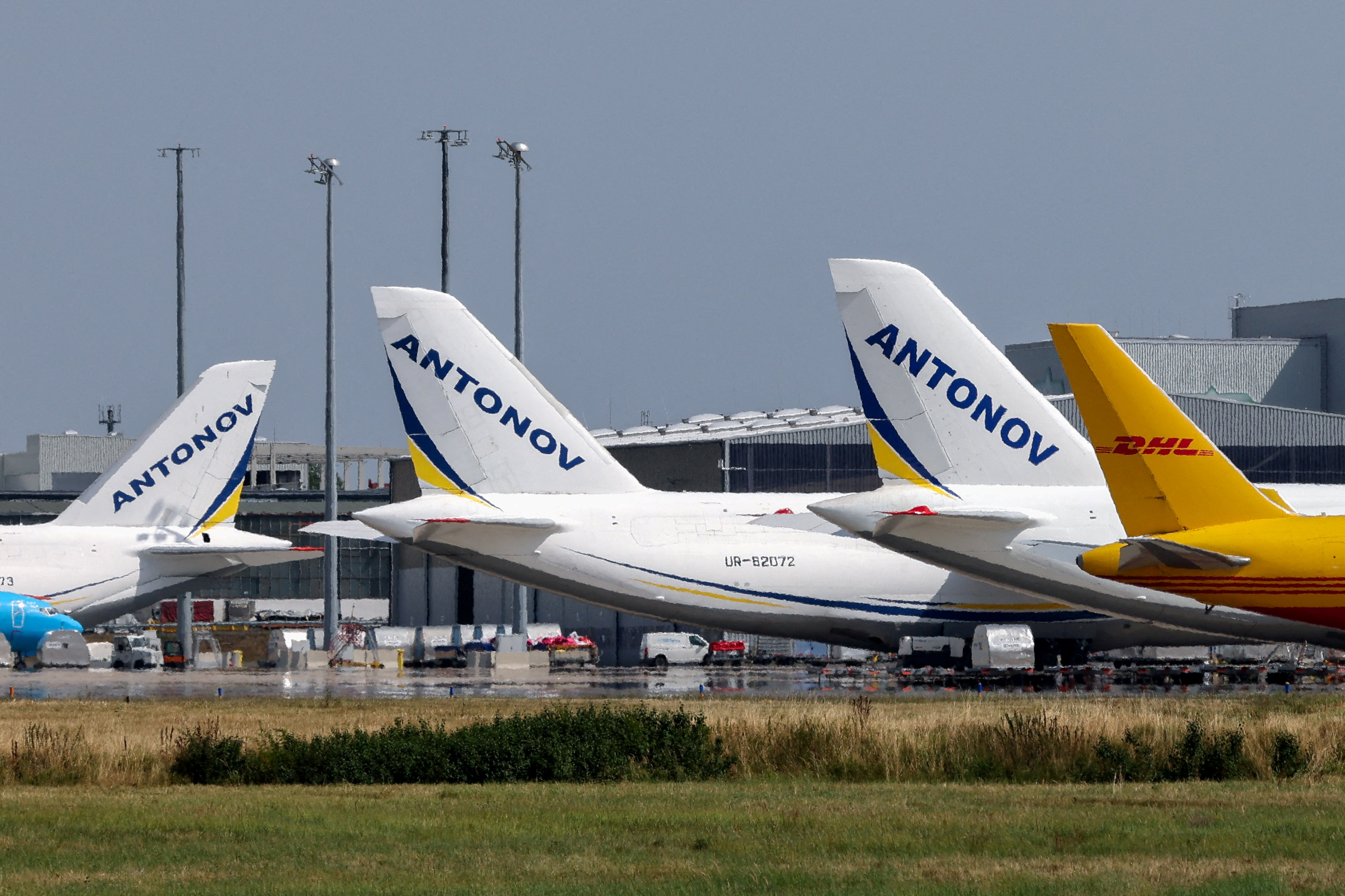 Ukrainian Antonov cargo plane sits at the Leipzig-Halle airport in Germany