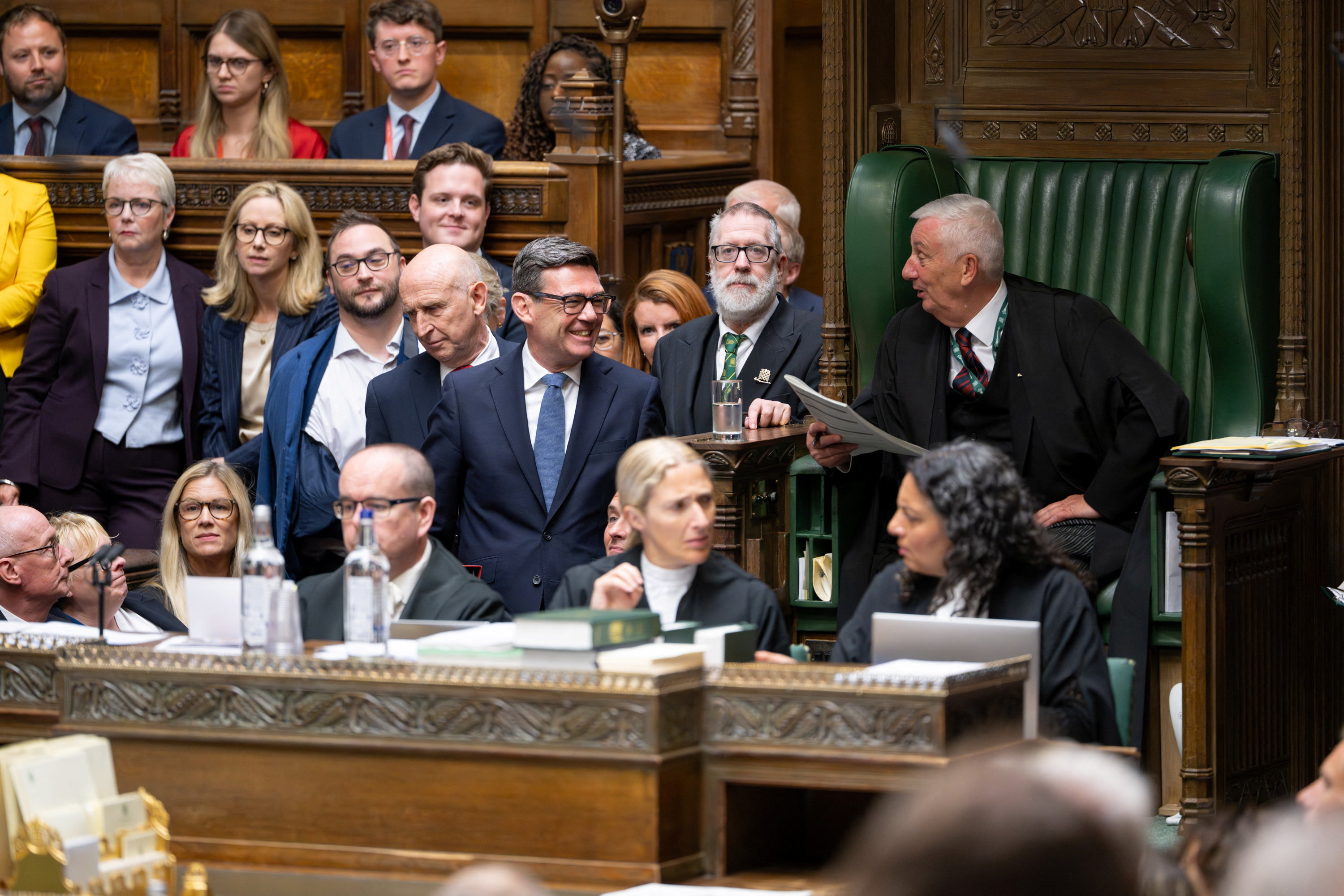 Britain's Speaker of the House of Commons Lindsay Hoyle speaks to Prime Minister Andy Burnham during Prime Minister's Questions at the House of Commons in London, Britain, on September 2, 2026. [House of Commons/Reuters]