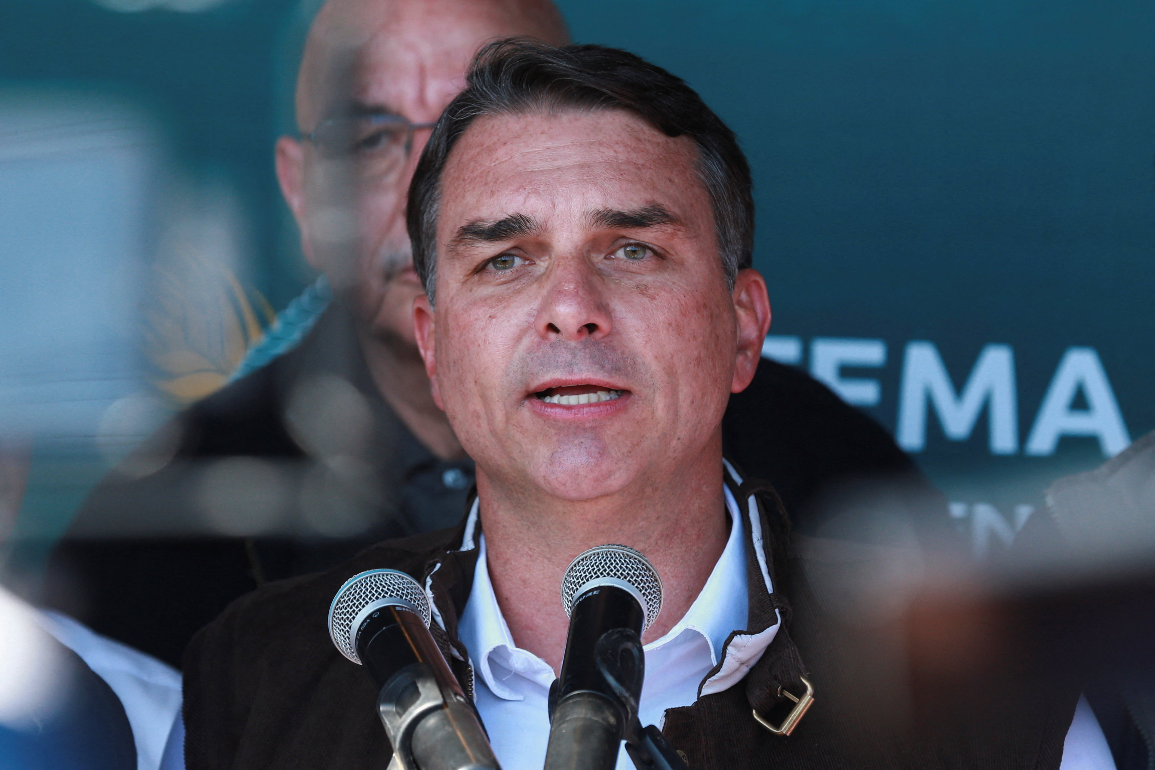 Brazilian presidential candidate Flavio Bolsonaro speaks at an agribusiness fair as he campaigns in Esteio, Brazil, on September 2, 2026