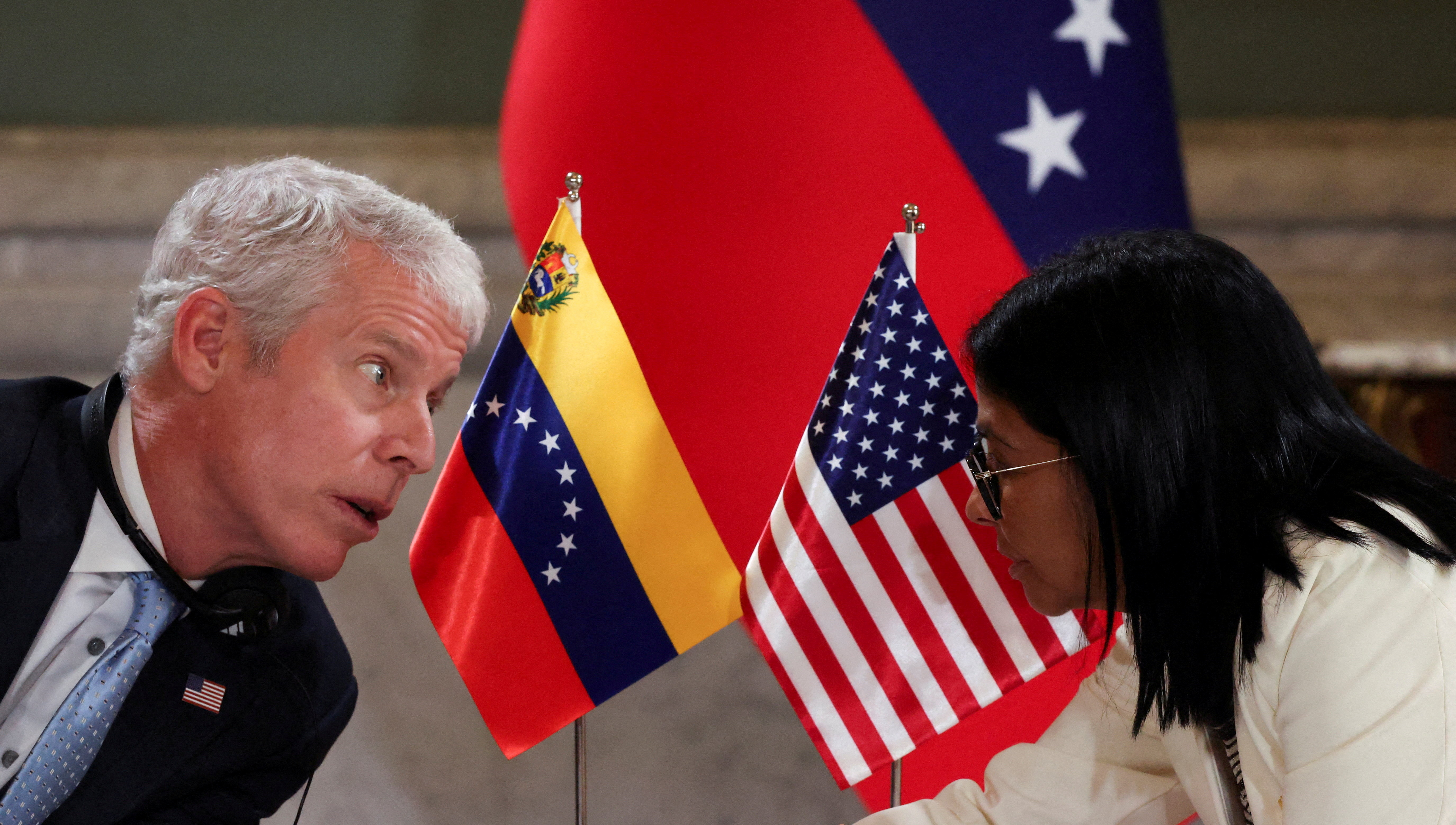 US Energy Secretary Chris Wright speaks with Venezuelan acting President Delcy Rodriguez at Miraflores Palace on the day of the signing of an agreement between US oil major Chevron and government officials to expand the company’s operations in Caracas, Venezuela, on September 2, 2026
