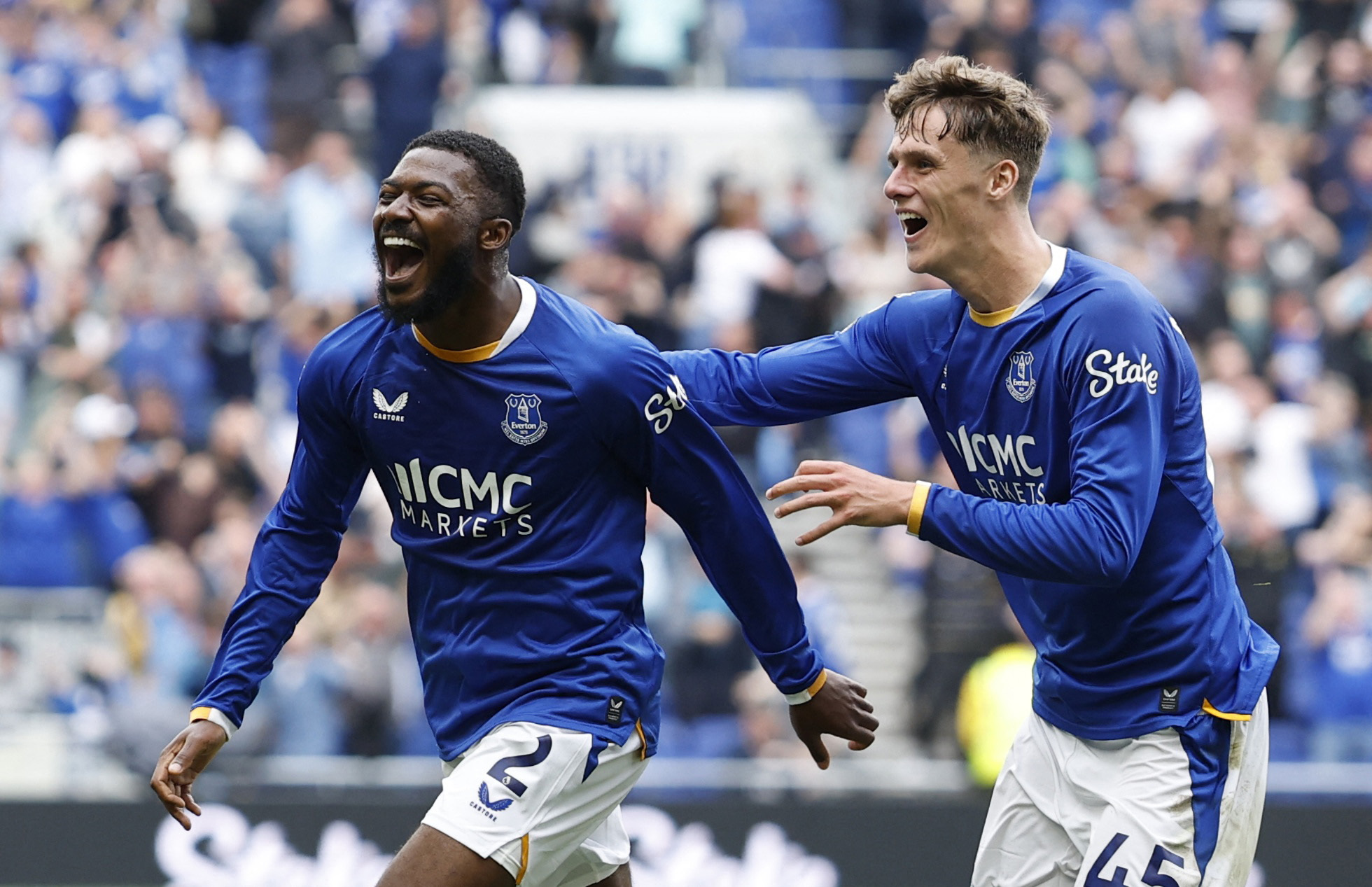 Everton's Ainsley Maitland-Niles celebrates scoring their second goal against Manchester United