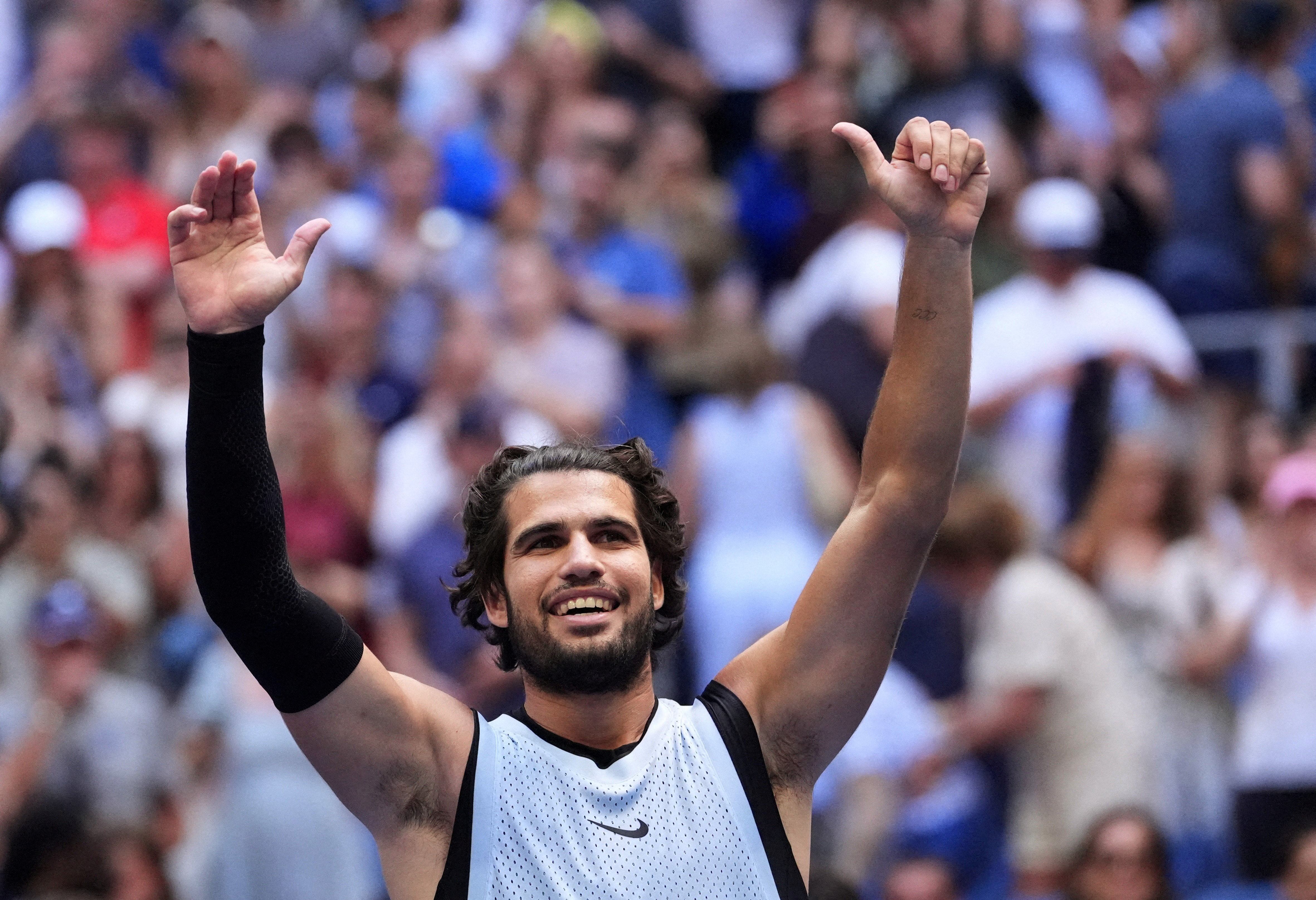 Spain's Carlos Alcaraz celebrates winning his round of 16 match against Tommy Paul of the U.S