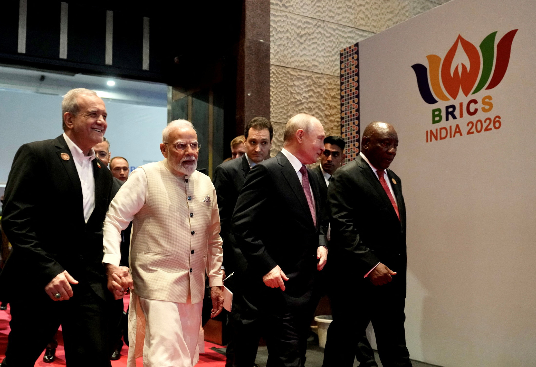 Iranian President Masoud Pezeshkian, Indian Prime Minister Narendra Modi, Russian President Vladimir Putin and South African President Cyril Ramaphosa arrive at the BRICS Business Forum in New Delhi, India, September 11, 2026. India's Press Information Bureau/Handout via REUTERS THIS IMAGE HAS BEEN SUPPLIED BY A THIRD PARTY. NO RESALES. NO ARCHIVES. TPX IMAGES OF THE DAY