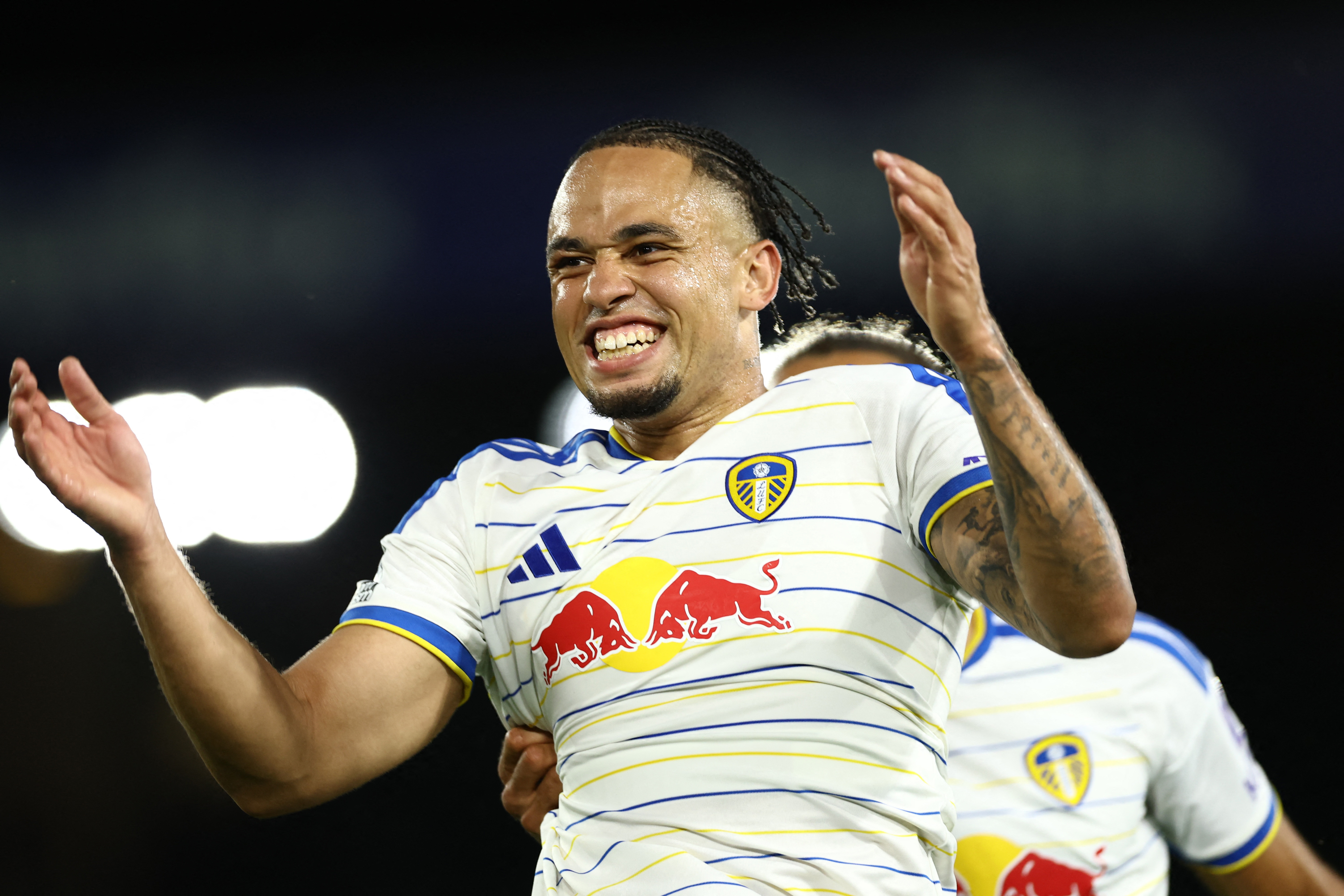 Leeds United's Noah Okafor celebrates.
