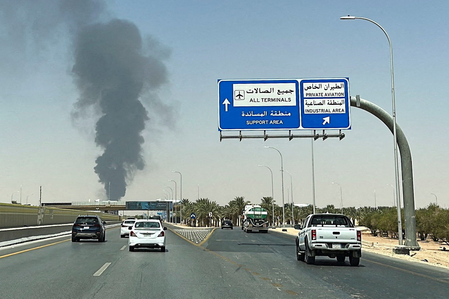 Large plume of black smoke rises from the fuel storage area at King Khalid International Airport, in Riyadh, Saudi Arabia, September 19, 2026. Picture taken with a mobile phone. REUTERS/Stringer