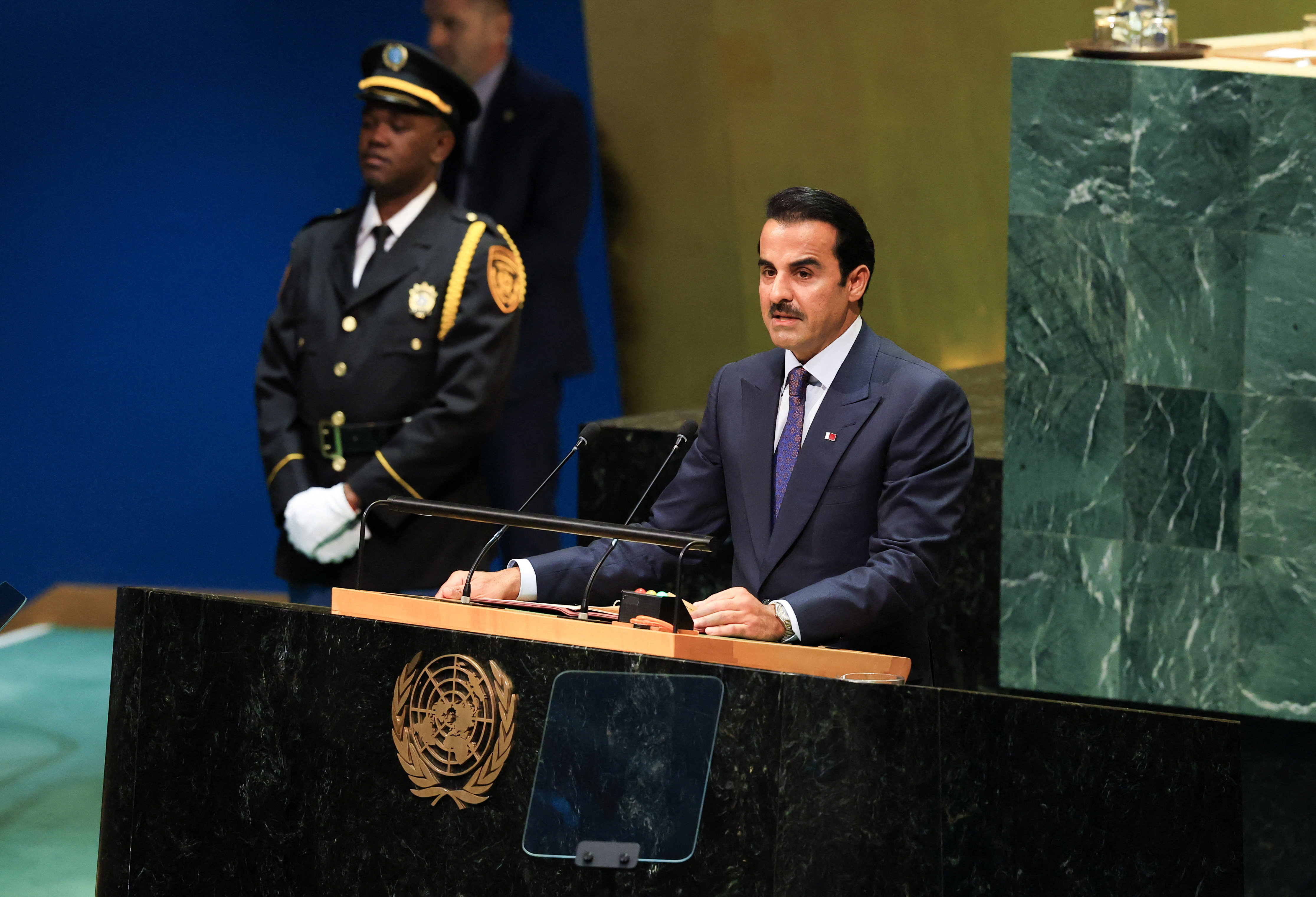 Qatar’s Emir Sheikh Tamim bin Hamad Al Thani addresses the United Nations General Assembly at UN headquarters in New York City, September 22, 2026