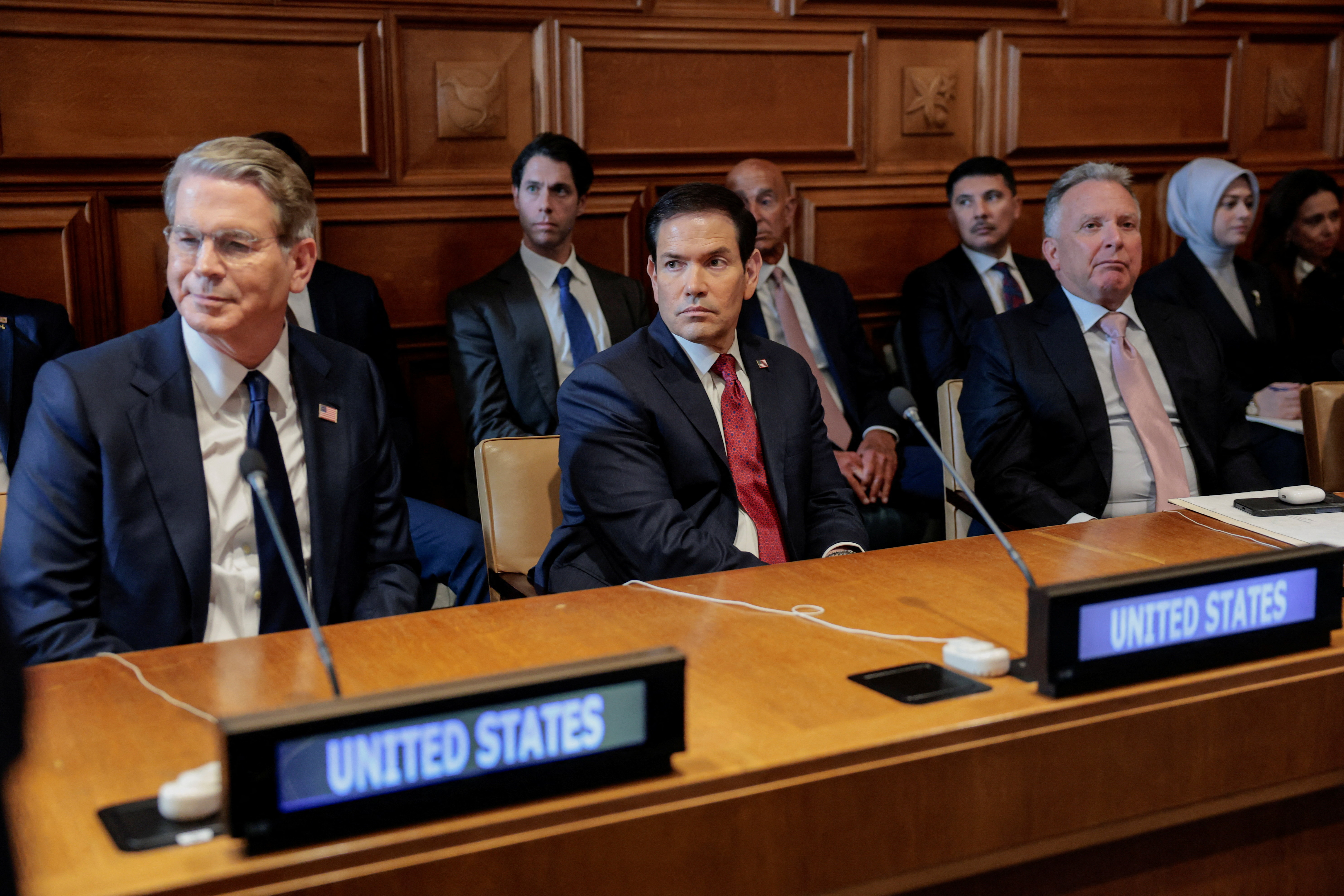 US Secretary of State Marco Rubio, US Treasury Secretary Scott Bessent and US President Donald Trump's Special Envoy Steve Witkoff listen during a multilateral meeting with leaders from the Gulf Cooperation Council