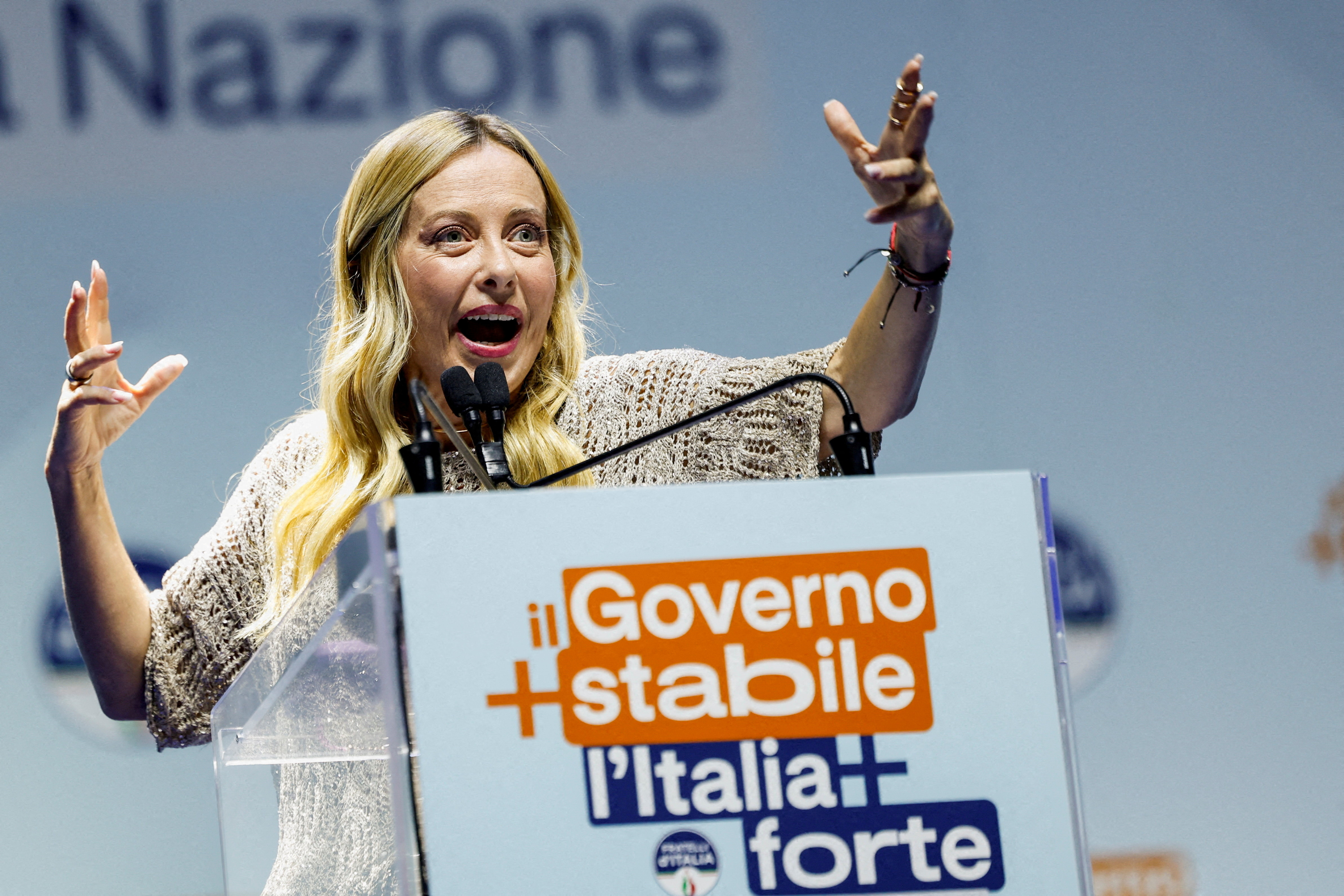 Italian Prime Minister Giorgia Meloni delivers closing remarks at a rally celebrating her government's record as the longest-serving administration in Italy's republican history, in Bari, Italy, September 4, 2026 [Remo Casilli/Reuters]