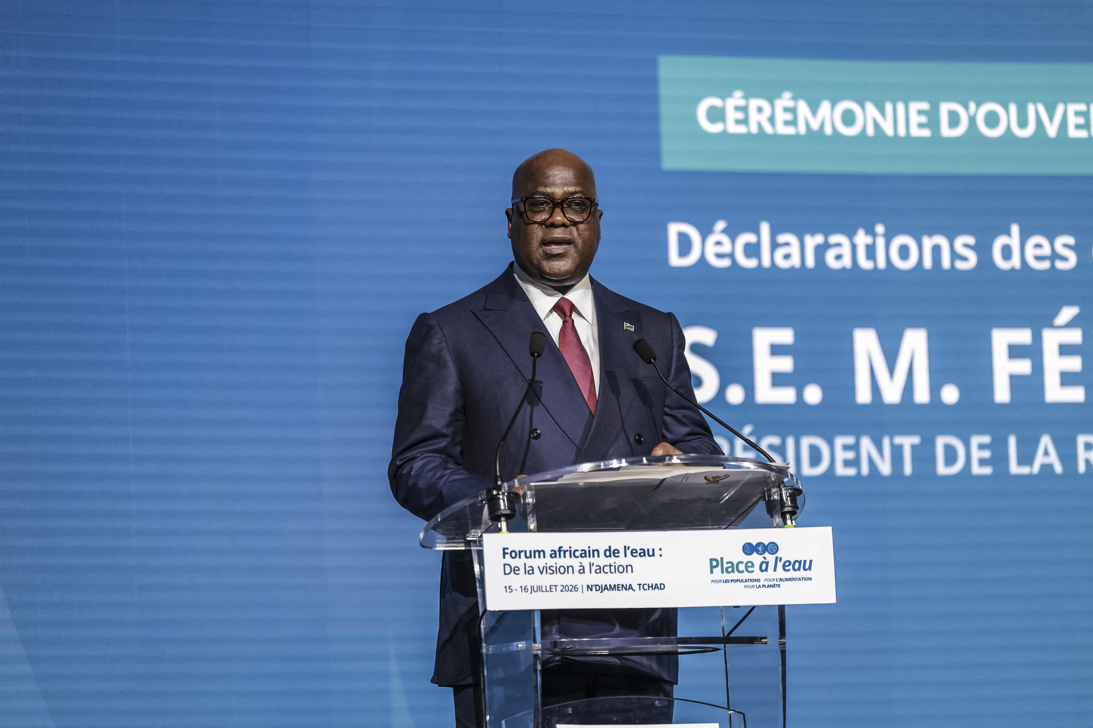 Félix Antoine Tshisekedi Tshilombo, President of the Democratic Republic of the Congo, reacts during his speech at the African Water Forum, From Vision to Action, in NDjamena, on July 16, 2026. (Photo by Daniel BELOUMOU OLOMO / AFP)