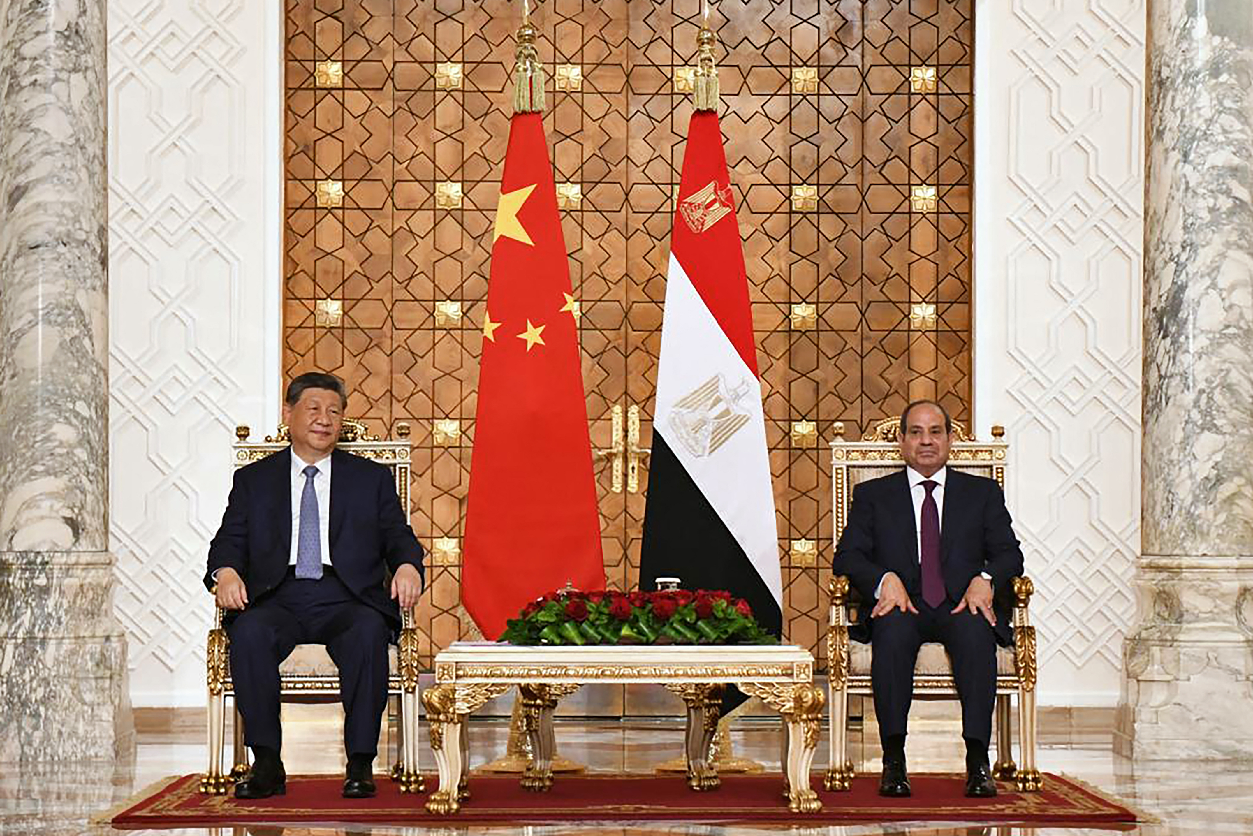 This handout photograph released by the Egyptian Presidency on September 2, 2026 shows China's President Xi Jinping (L) and his Egyptian counterpart Abdel Fattah al-Sisi during their meeting at the Ittihadia Presidential Palace in Cairo. President Xi Jinping on September 2 urged countries to oppose "external interference" in the Middle East and said Beijing was ready to work with regional states to safeguard maritime shipping, jeopardised by the US-Iran war.