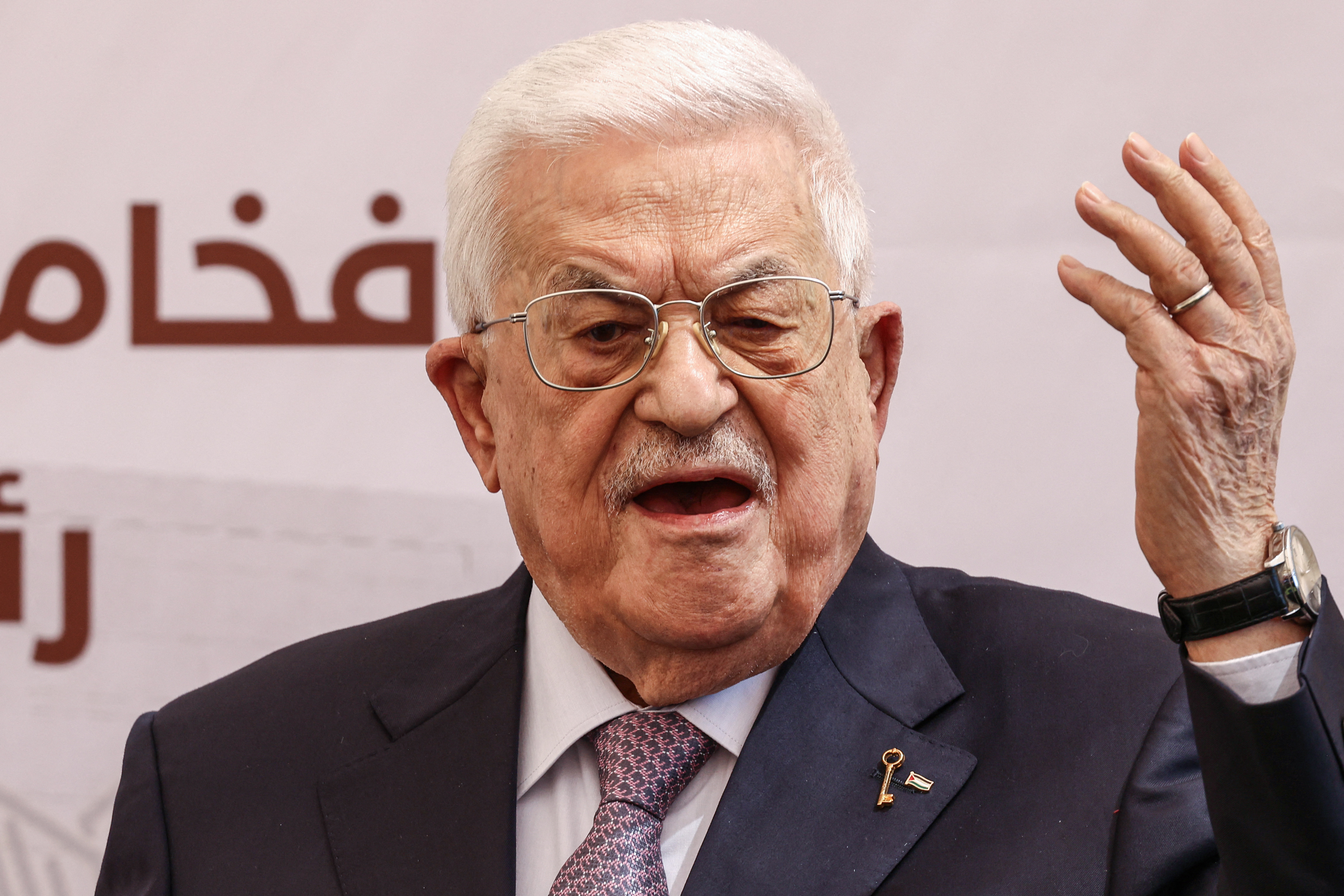 Palestinian President Mahmoud Abbas speaks during the foundation stone ceremony of the Innovation and Excellence Compound in the West Bank city of Ramallah on September 9, 2026.