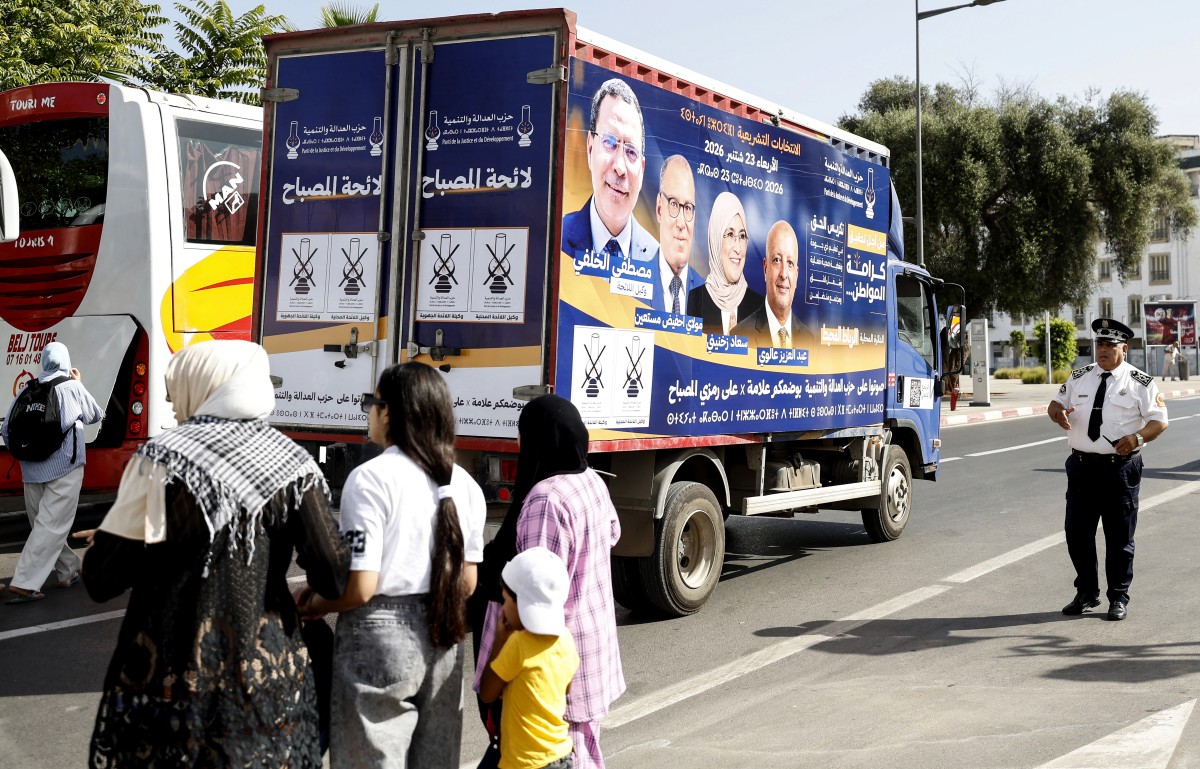 A truck carrying a campaign billboard for Morocco’s Justice and Development Party (PJD) drives through Rabat before the September 23 legislative election