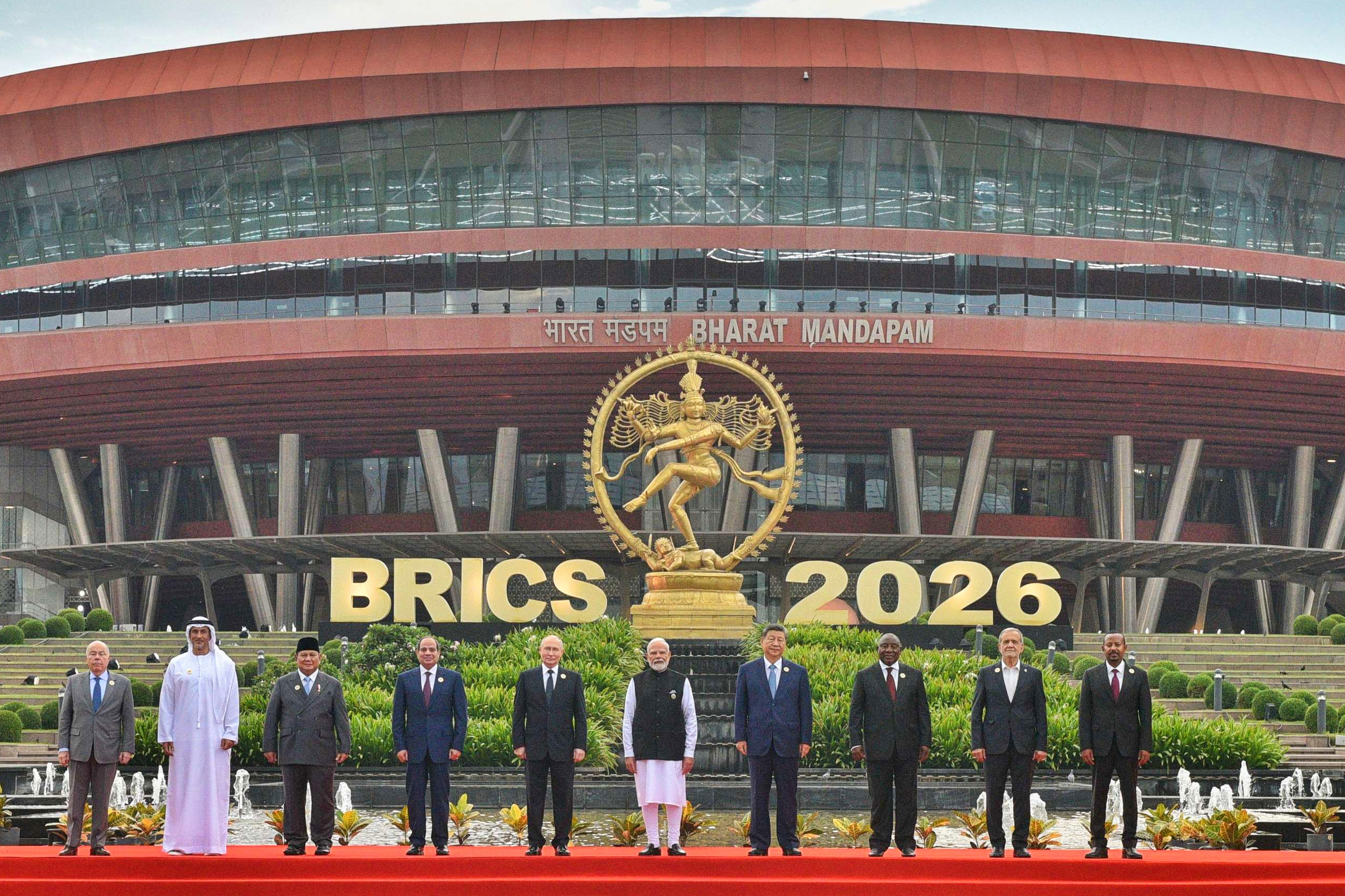 BRICS representatives pose for a group photo during the BRICS summit in New Delhi, India, Saturday, Sept. 12, 2026. [Indian Foreign Ministry/AP]