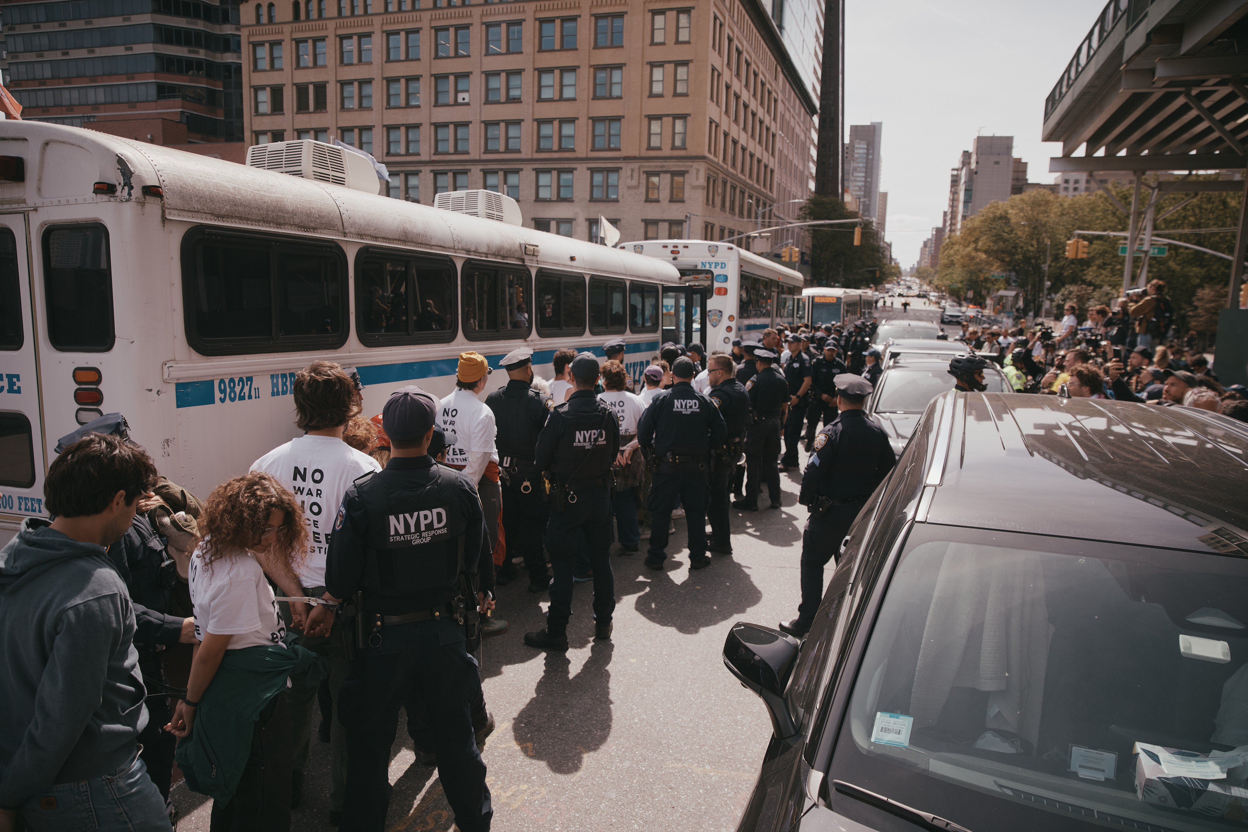 Police arrest protesters as they block a road outside United Nations headquarters during a Jewish Voice for Peace sit-in against Israeli Prime Minister Benjamin Netanyahu, Thursday, Sept. 24, 2026, in New York. (AP Photo/Andres Kudacki)