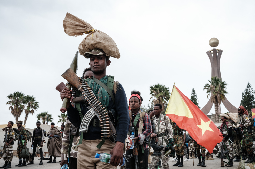 Tigray People's Liberation Front (TPLF) fighters prepare to leave for another field at Tigray Martyr's Memorial Monument Center in Mekele, the capital of Tigray region, Ethiopia, on June 30, 2021.