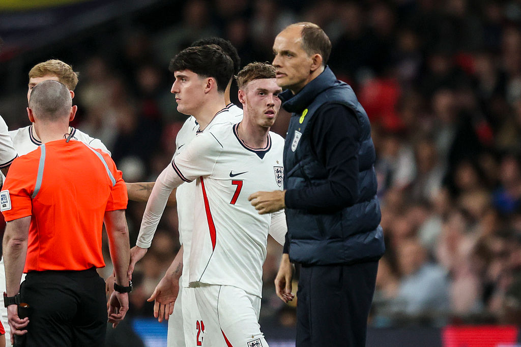 Head Coach Thomas Tuchel with Cole Palmer of England after he is subbed during the international friendly match between England and Japan at Wembley Stadium on March