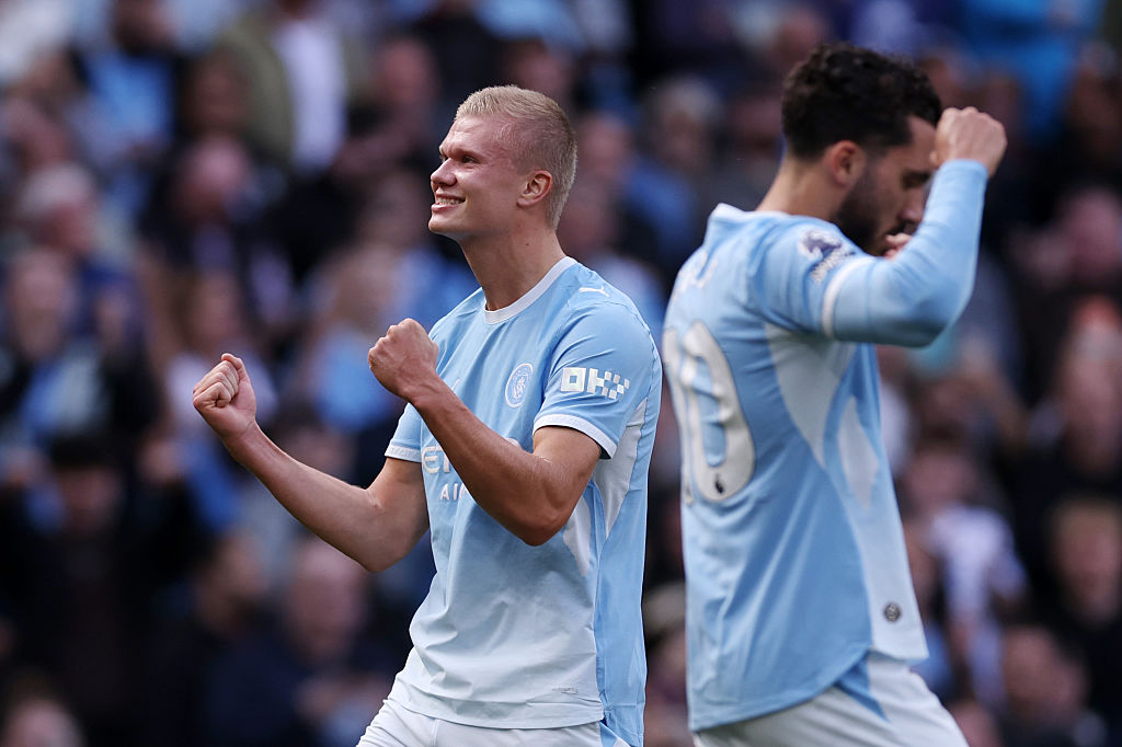 Erling Haaland of Manchester City celebrates scoring his team’s first goal during the Premier League 2026/27 match between Manchester City and Coventry City