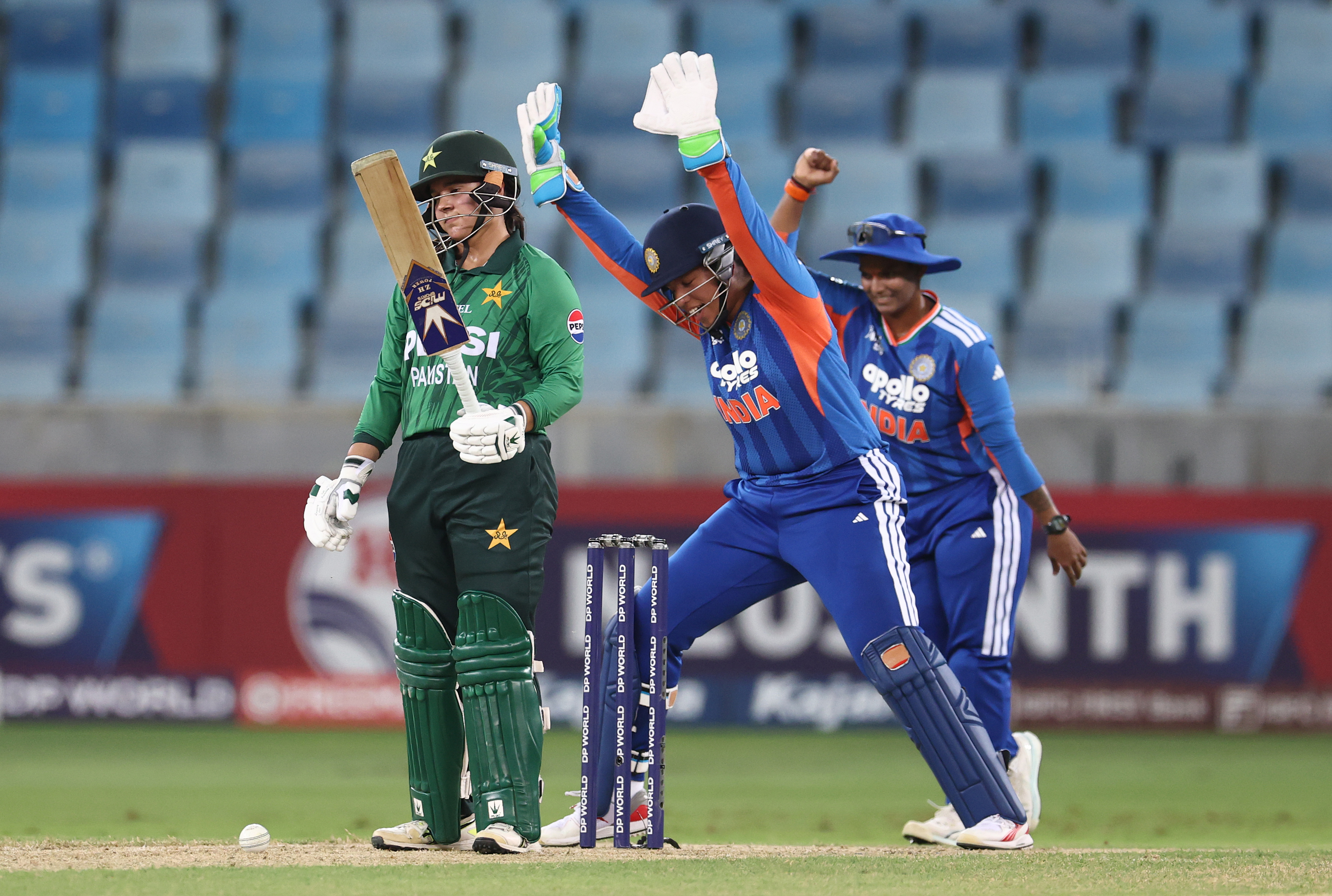 Richa Ghosh of India successfully appeals for the wicket of Shawaal Zulfiqar of Pakistan during the DP World Women's T20 Asia Cup 2026 match