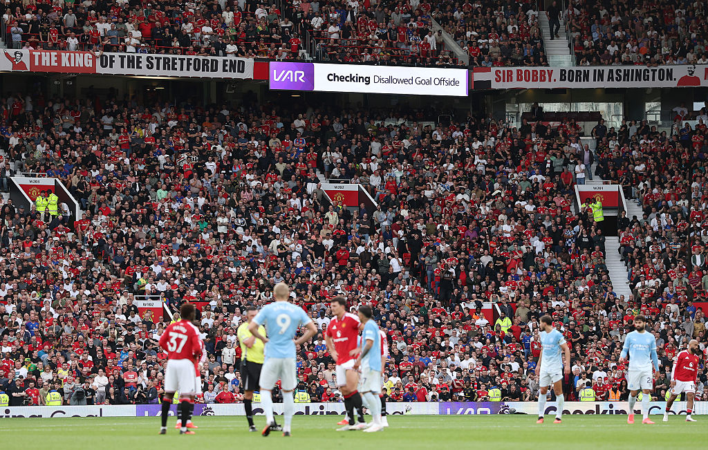 General view inside the stadium as the LED screen shows Erling Haaland of Manchester City goal being checked for offside by VAR during the Premier League 2026/27 match against United